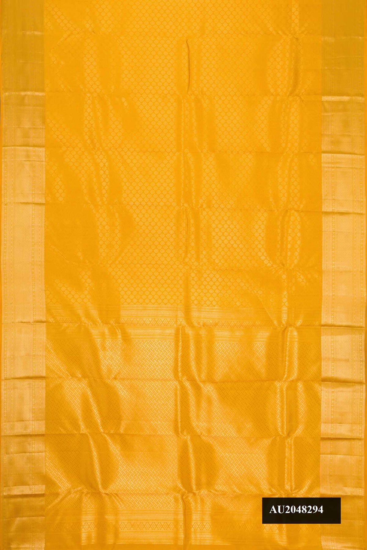 Mustard Dual Tone Kanchipuram Silk Saree with Zari Brocade on the body and Zari Border.  displayed on a mannequin