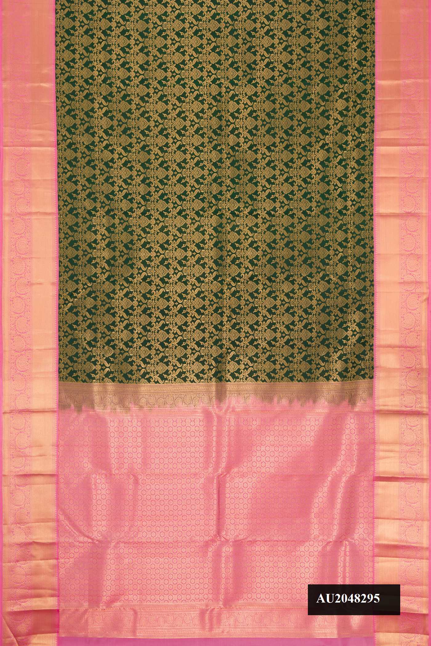Bottle Green Dual Tone Kanchipuram Silk Saree with Zari Brocade on the body and Zari Border.  displayed on a mannequin