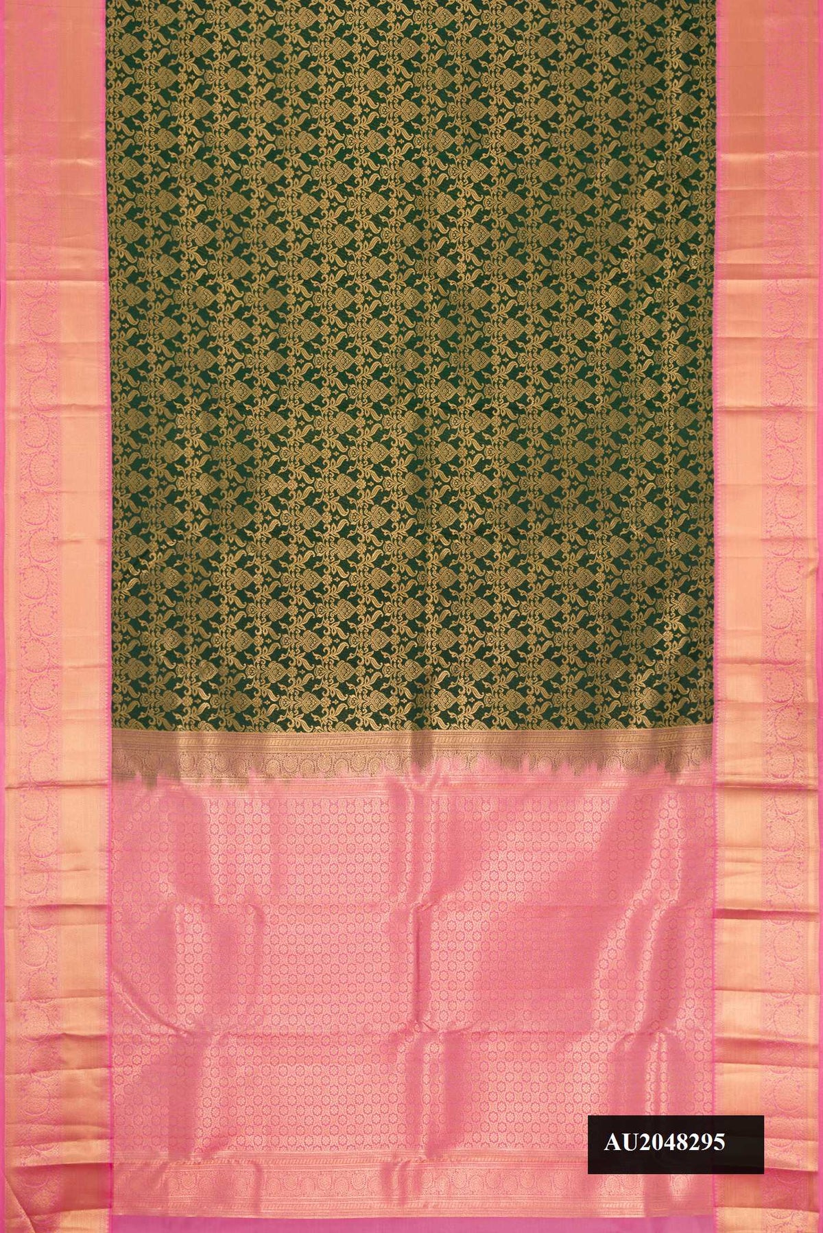 Bottle Green Dual Tone Kanchipuram Silk Saree with Zari Brocade on the body and Zari Border.  displayed on a mannequin