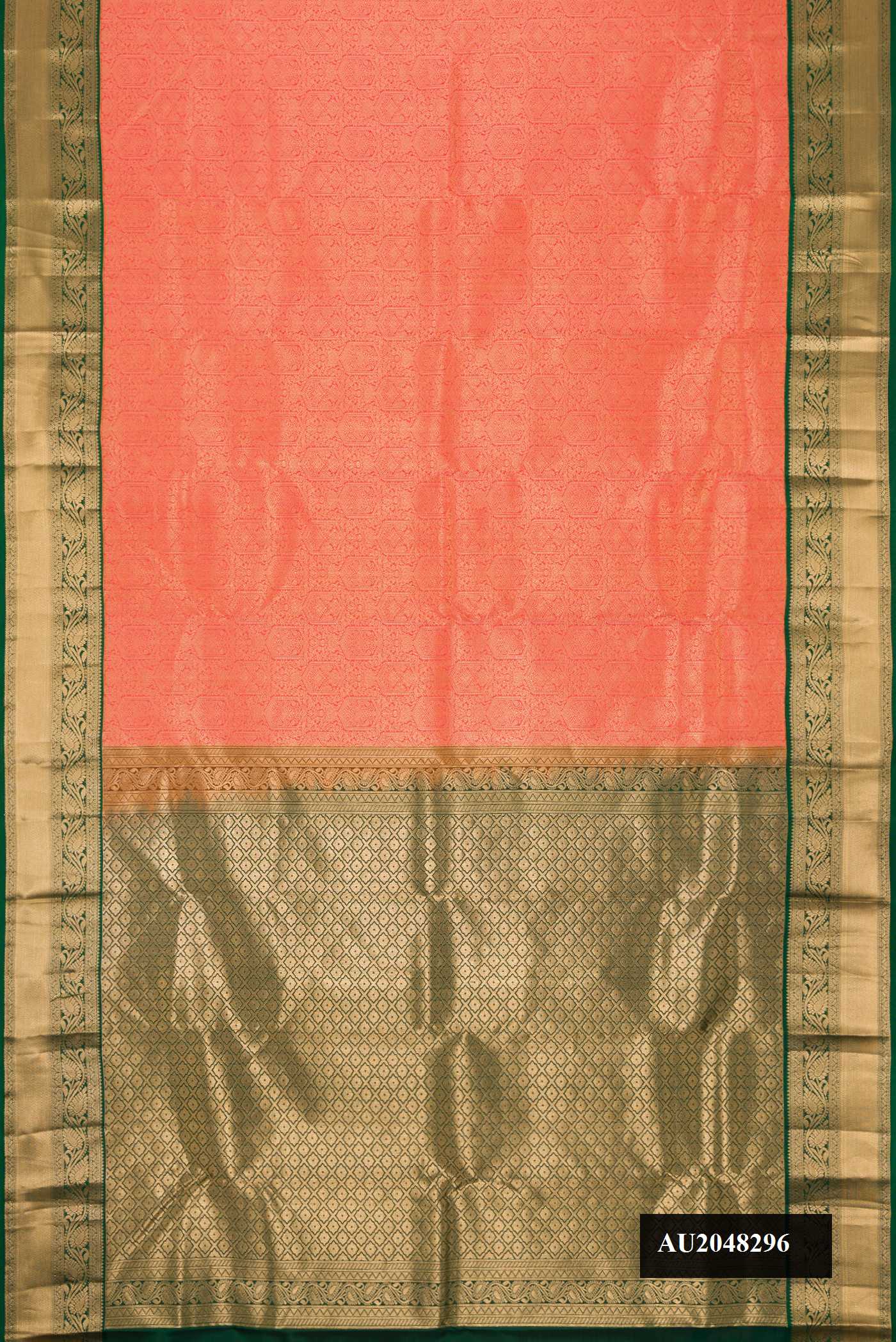 Brick Orange Dual Tone Kanchipuram Silk Saree with Zari Brocade on the body and Zari Border.  displayed on a mannequin