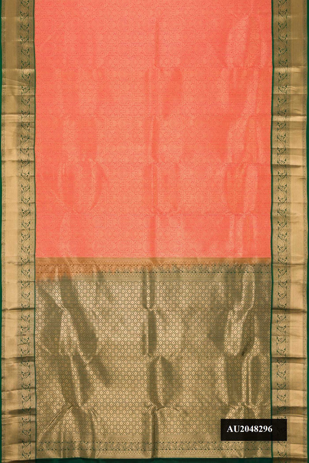 Brick Orange Dual Tone Kanchipuram Silk Saree with Zari Brocade on the body and Zari Border.  displayed on a mannequin