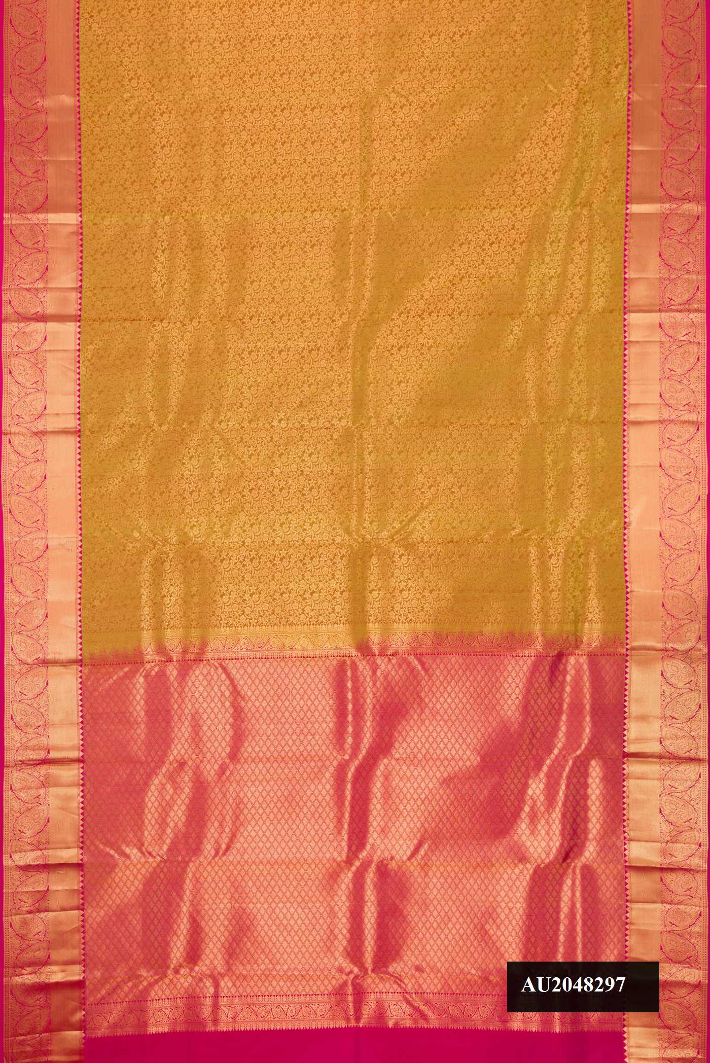 Mehandi Green Dual Tone Kanchipuram Silk Saree with Zari Brocade on the body and Zari Border.  displayed on a mannequin