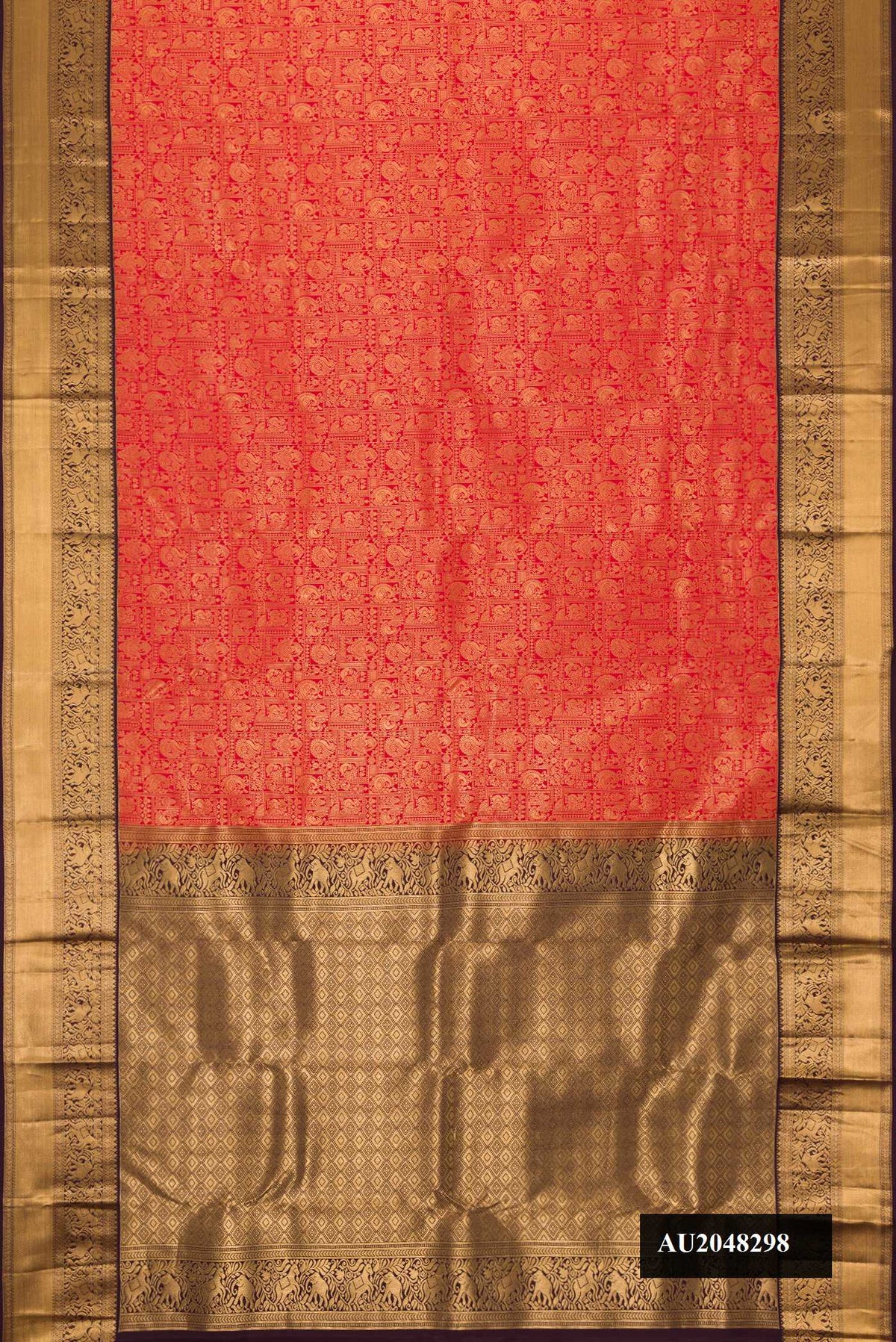 Brick Orange Dual Tone Kanchipuram Silk Saree with Zari Brocade on the body and Zari Border.  displayed on a mannequin