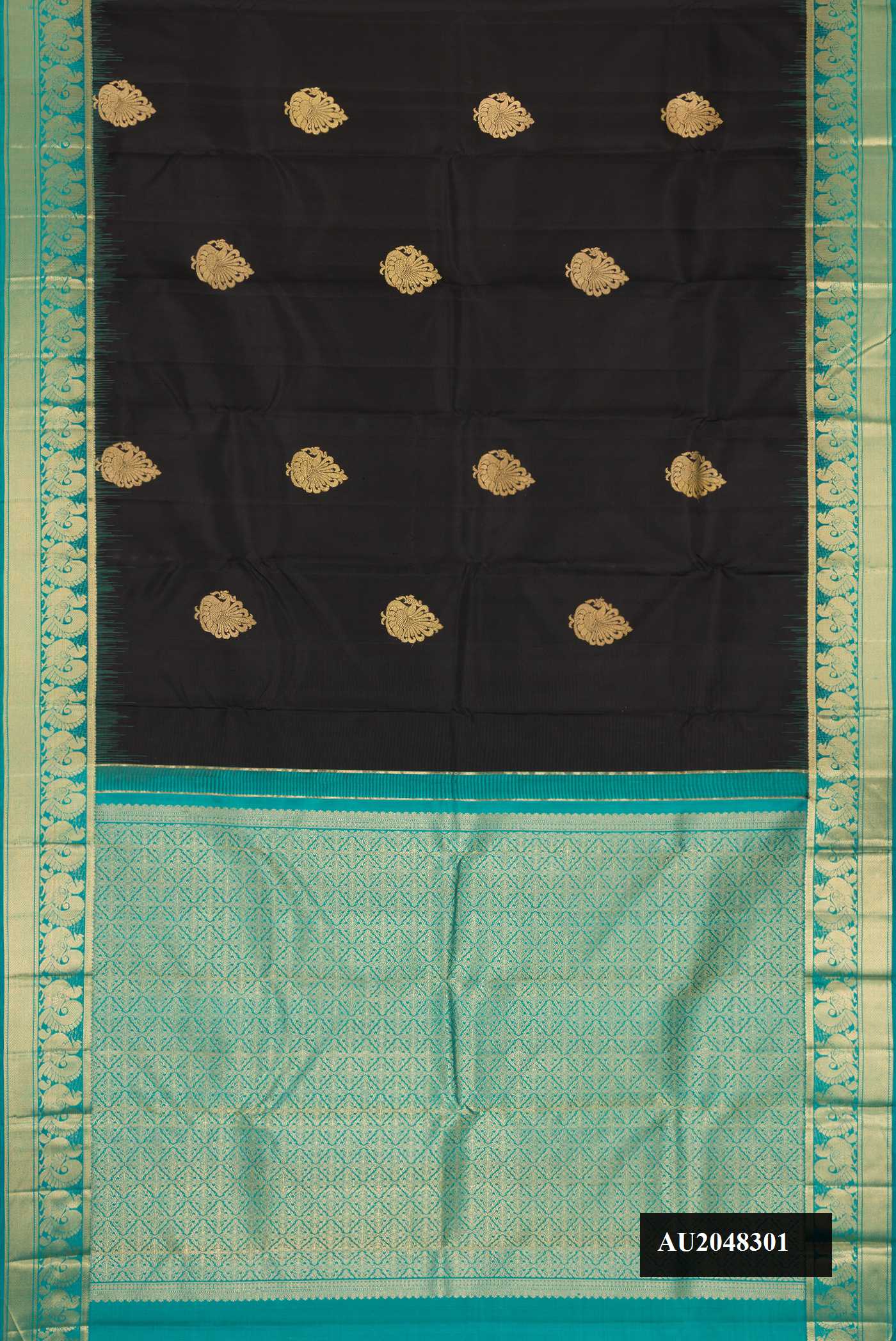 Black Dual Tone Kanchipuram Silk Saree with Zari Butta on the body and Zari Border.  displayed on a mannequin