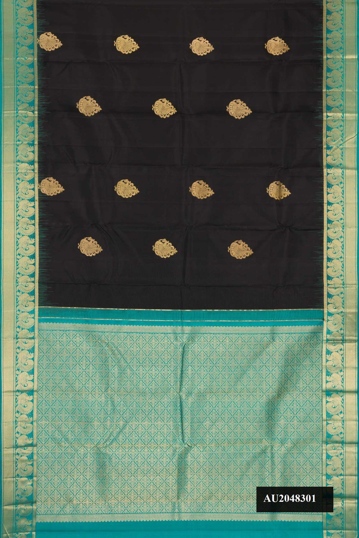 Black Dual Tone Kanchipuram Silk Saree with Zari Butta on the body and Zari Border.  displayed on a mannequin
