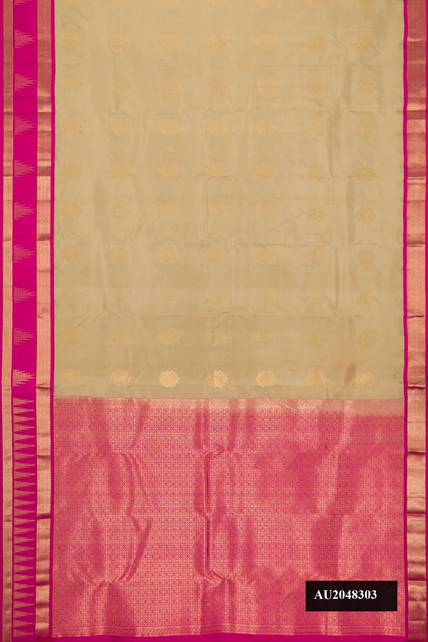Dark Beige Dual Tone Kanchipuram Silk Saree with Zari Butta on the body and Zari Border.  displayed on a mannequin