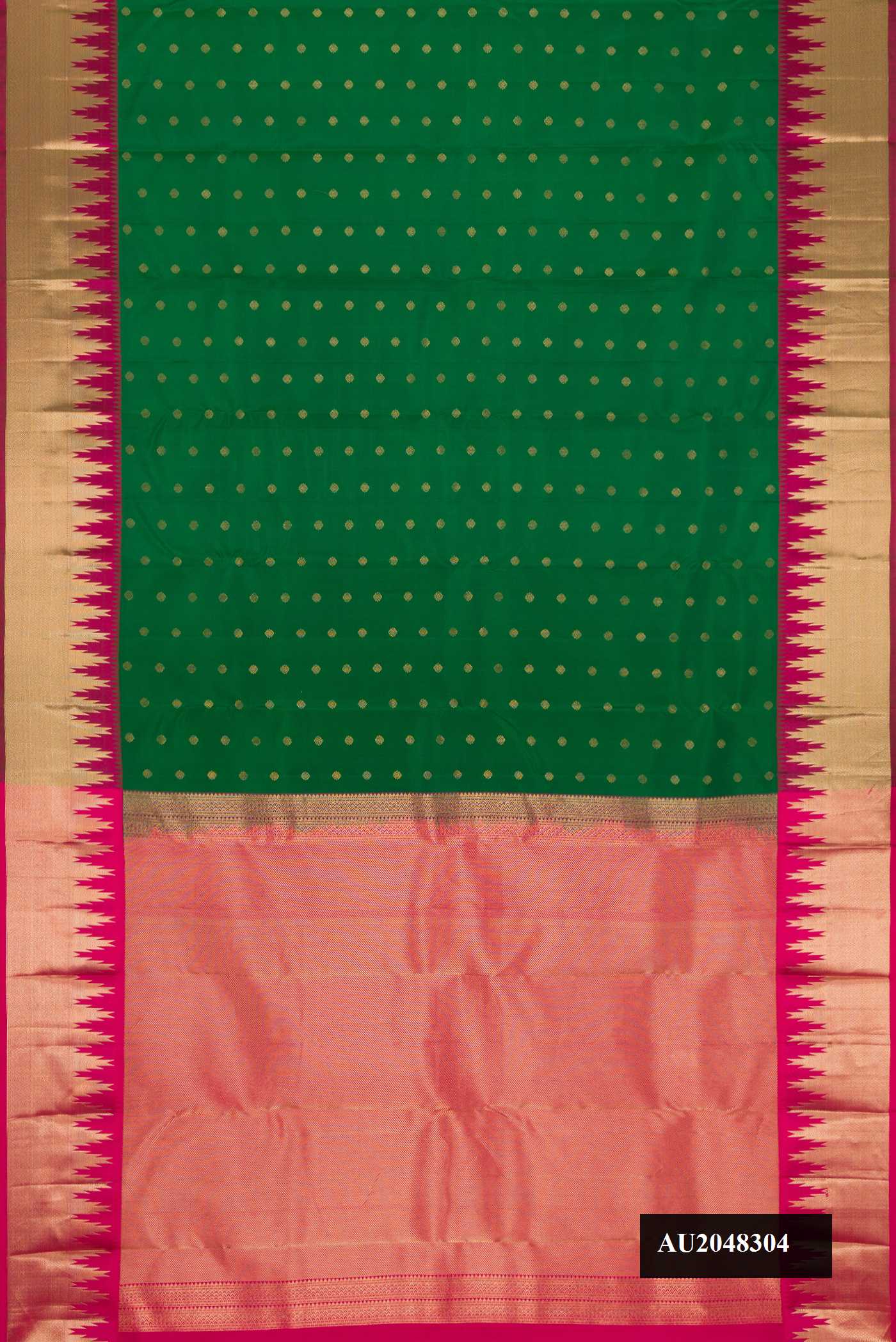 Green Dual Tone Kanchipuram Silk Saree with Zari Butta on the body and Zari Border.  displayed on a mannequin