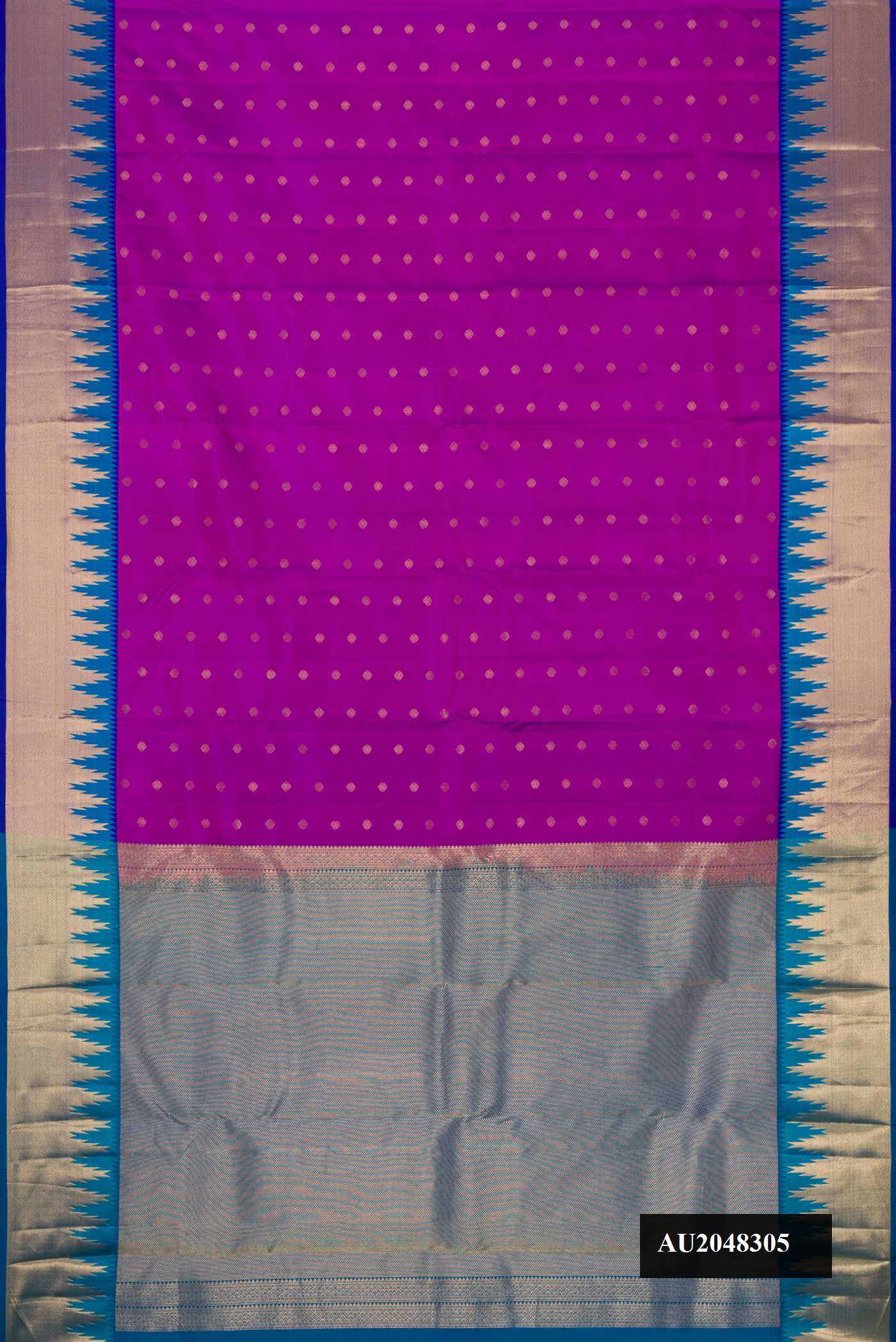Purple Dual Tone Kanchipuram Silk Saree with Zari Butta on the body and Zari Border.  displayed on a mannequin