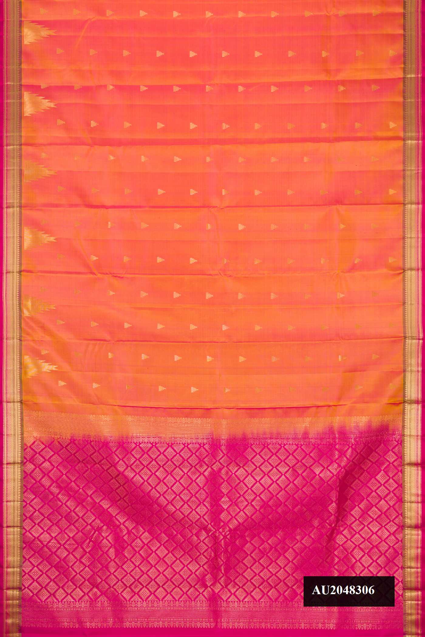 Coral Dual Tone Kanchipuram Silk Saree with Zari Butta on the body and Zari Border.  displayed on a mannequin