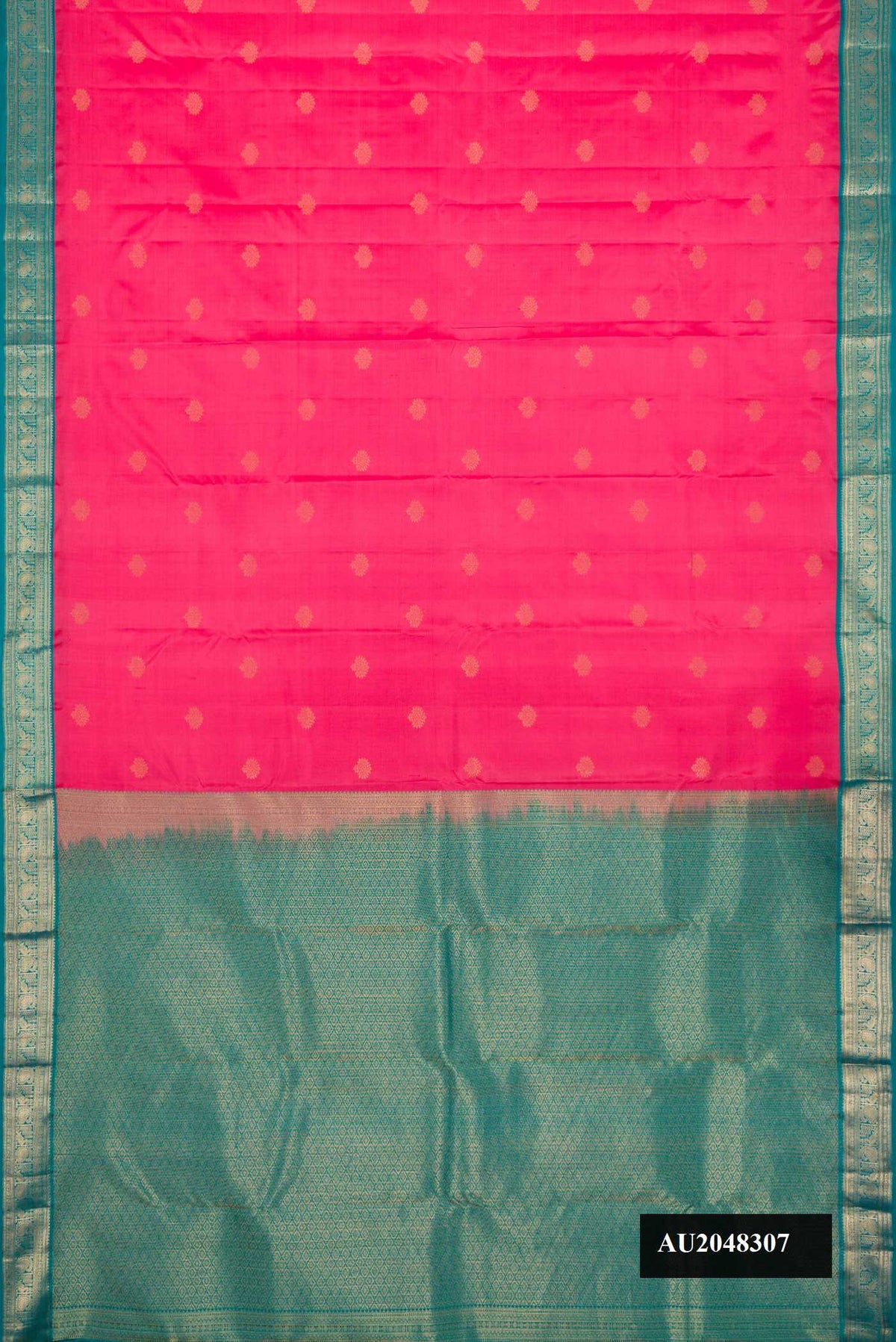 Pink Dual Tone Kanchipuram Silk Saree with Zari Butta on the body and Zari Border.  displayed on a mannequin