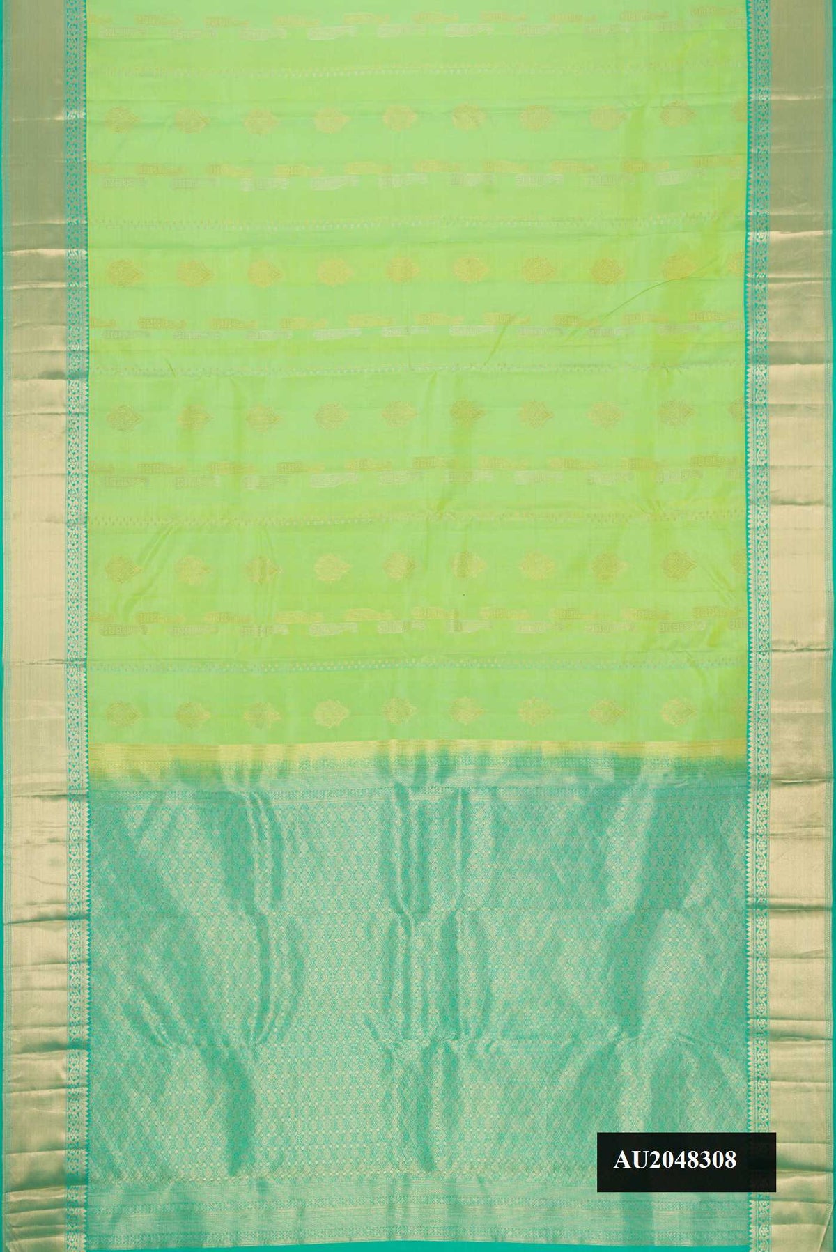 Parrot Green Dual Tone Kanchipuram Silk Saree with Zari Butta on the body and Zari Border.  displayed on a mannequin