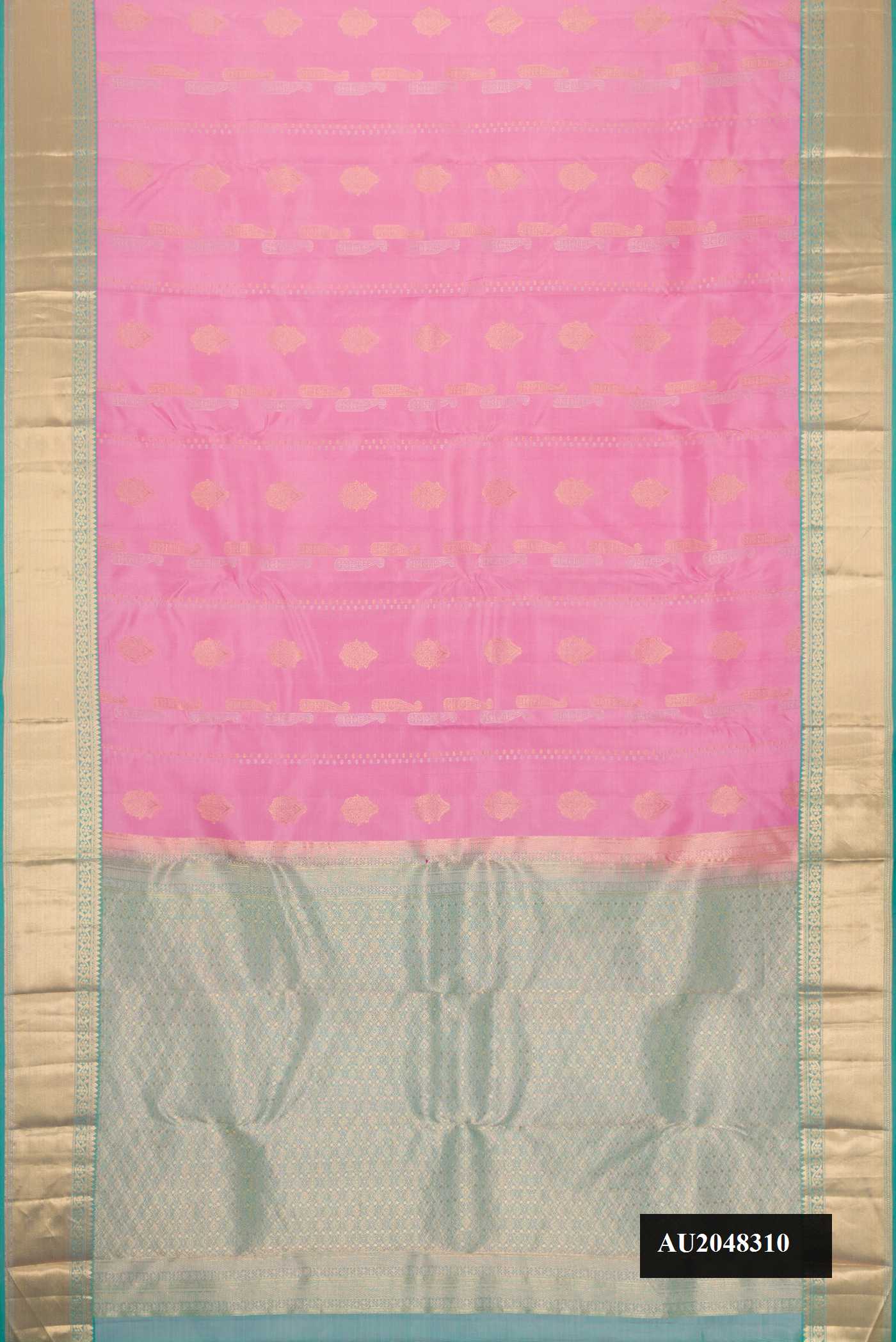 Pink Dual Tone Kanchipuram Silk Saree with Zari Butta on the body and Zari Border.  displayed on a mannequin