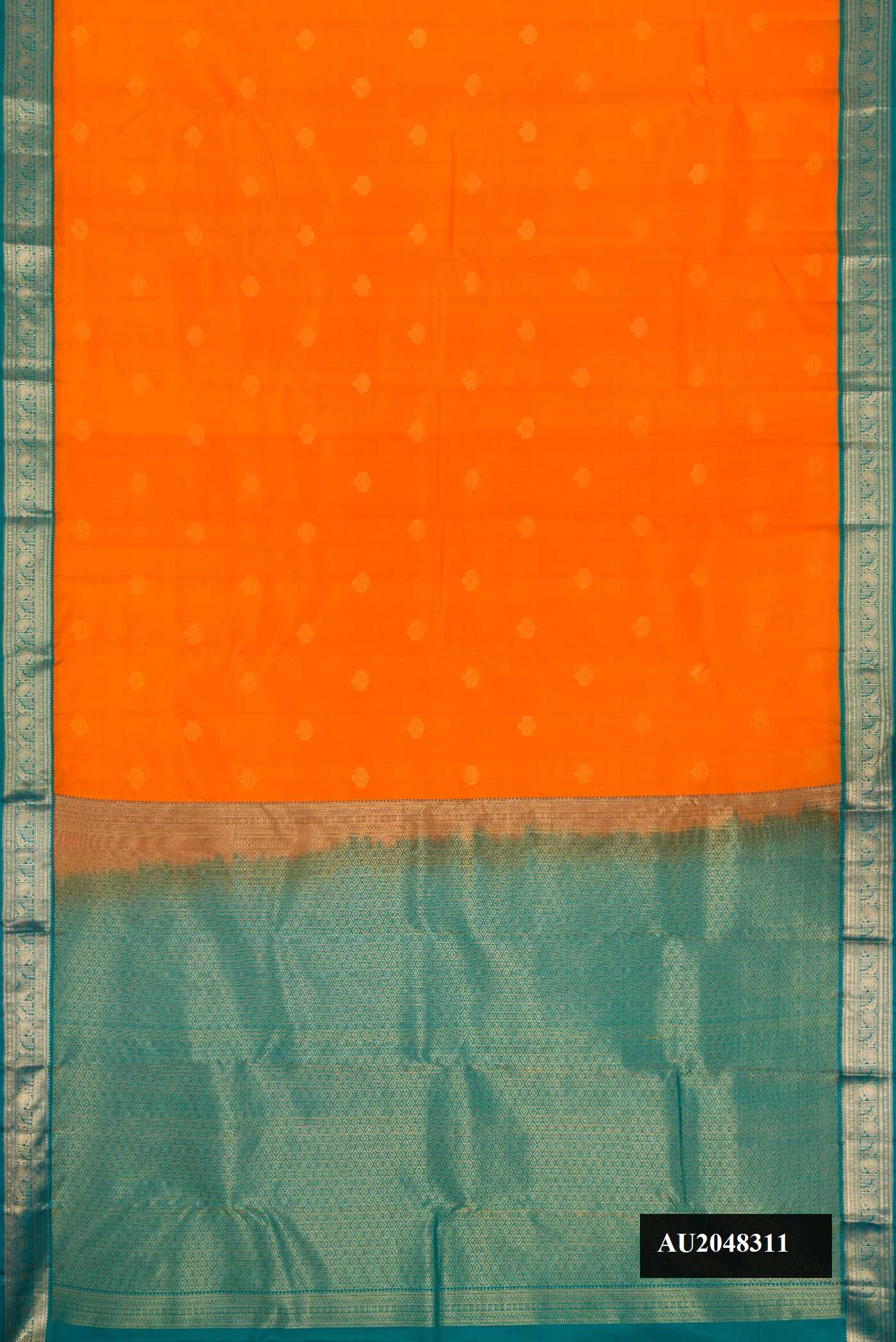 Orange Dual Tone Kanchipuram Silk Saree with Zari Butta on the body and Zari Border.  displayed on a mannequin