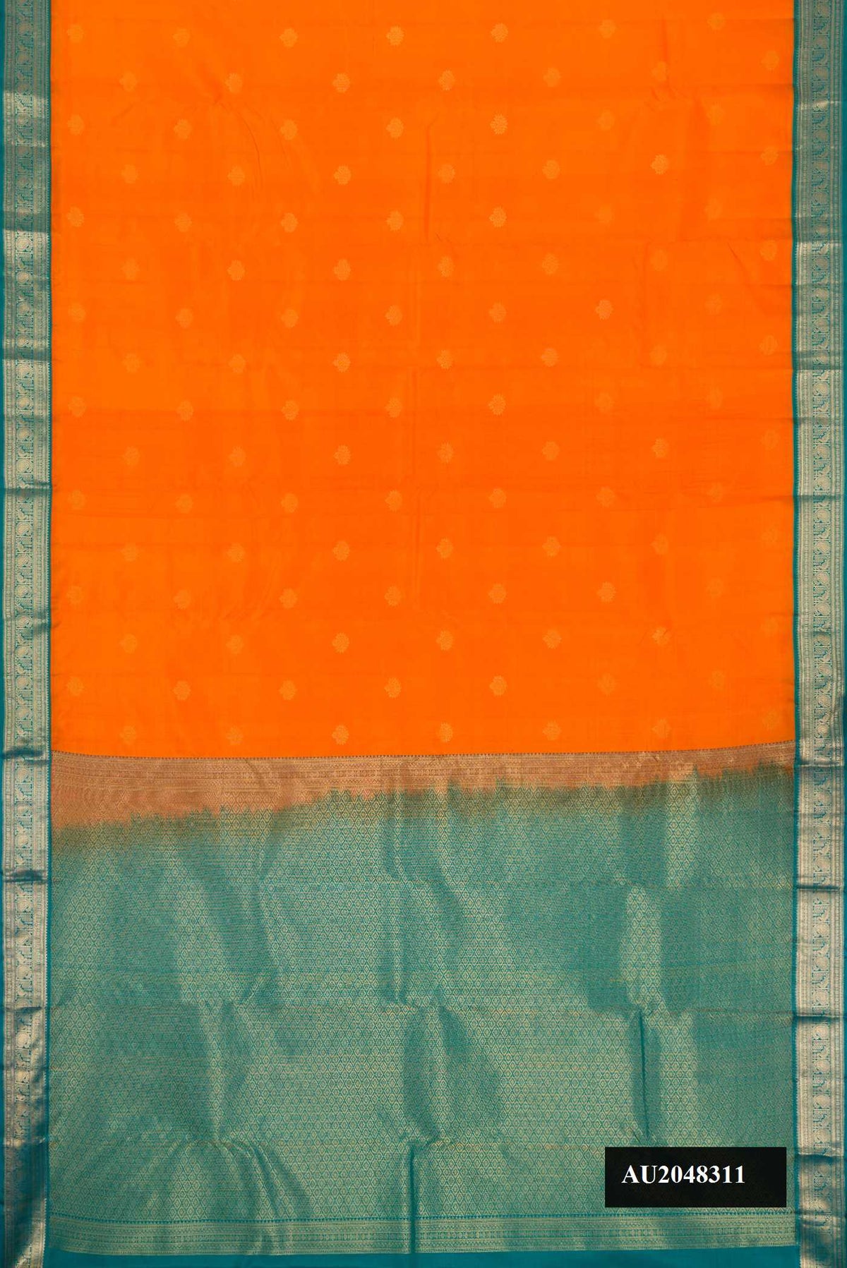 Orange Dual Tone Kanchipuram Silk Saree with Zari Butta on the body and Zari Border.  displayed on a mannequin