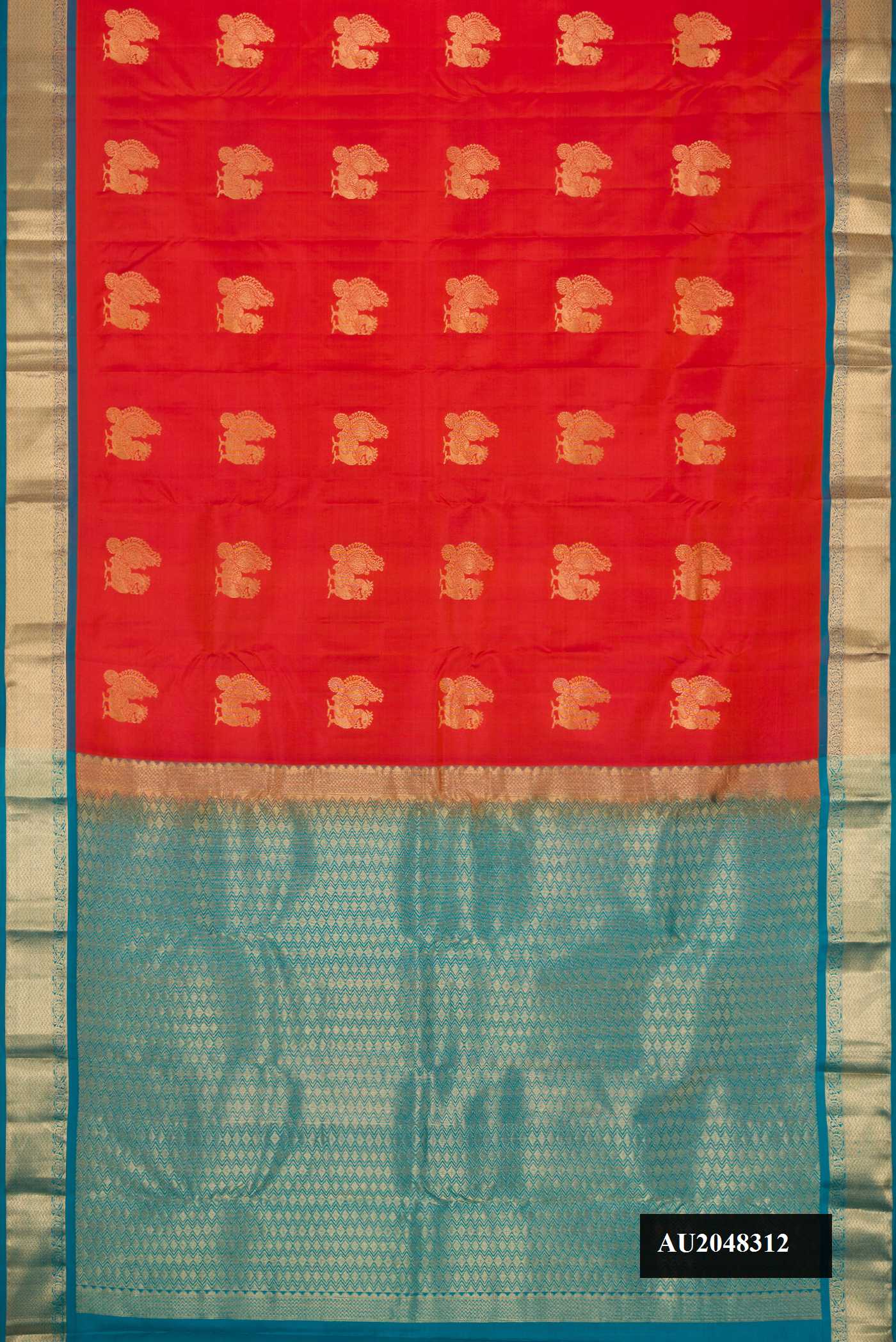 Brick Orange Dual Tone Kanchipuram Silk Saree with Zari Butta on the body and Zari Border.  displayed on a mannequin
