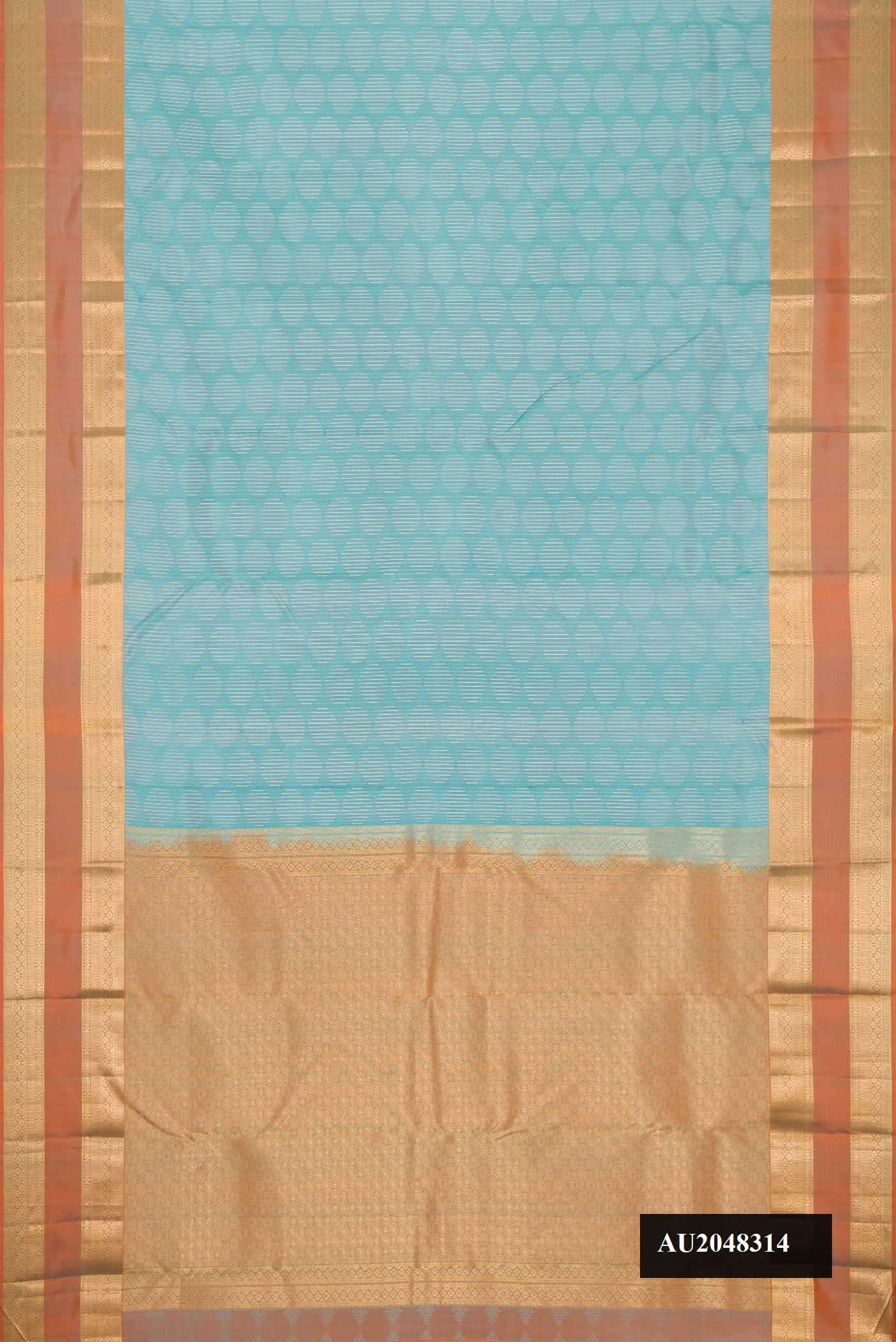 Light Blue Dual Tone Kanchipuram Silk Saree with Zari Butta on the body and Zari Border.  displayed on a mannequin