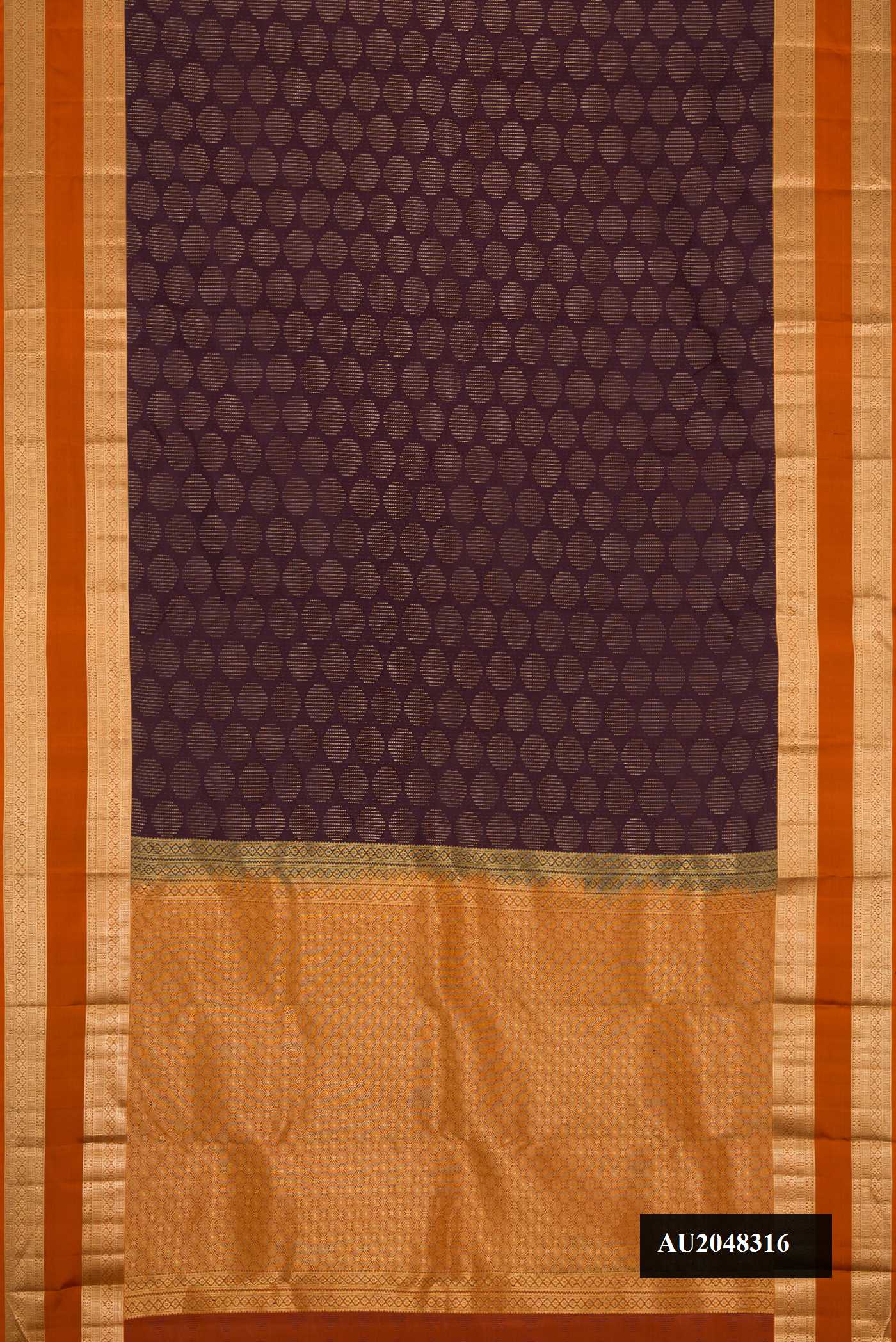 Coffee Brown Dual Tone Kanchipuram Silk Saree with Zari Butta on the body and Zari Border.  displayed on a mannequin