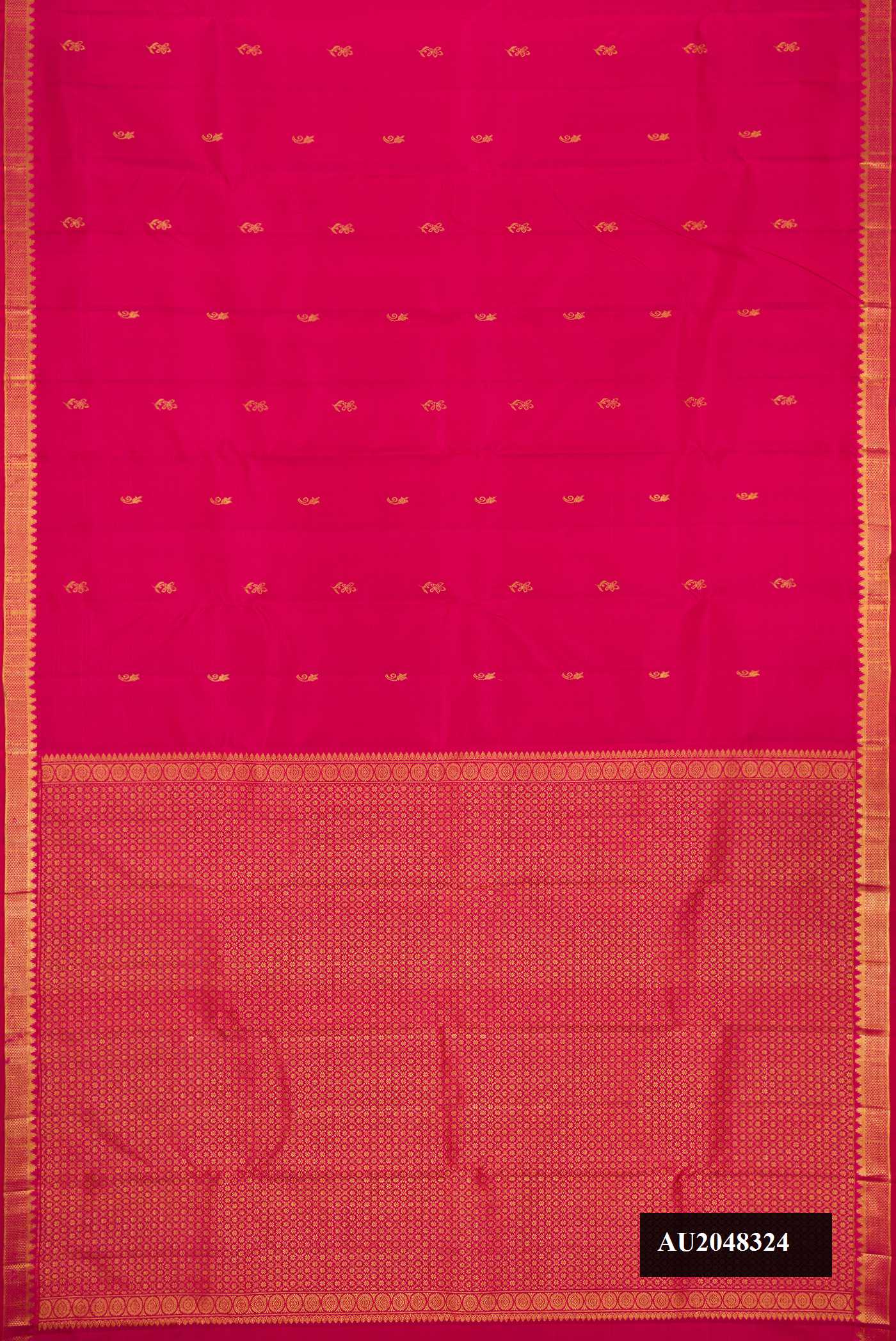 Dark Pink Dual Tone Kanchipuram Silk Saree with Zari Butta on the body and Zari Border.  displayed on a mannequin
