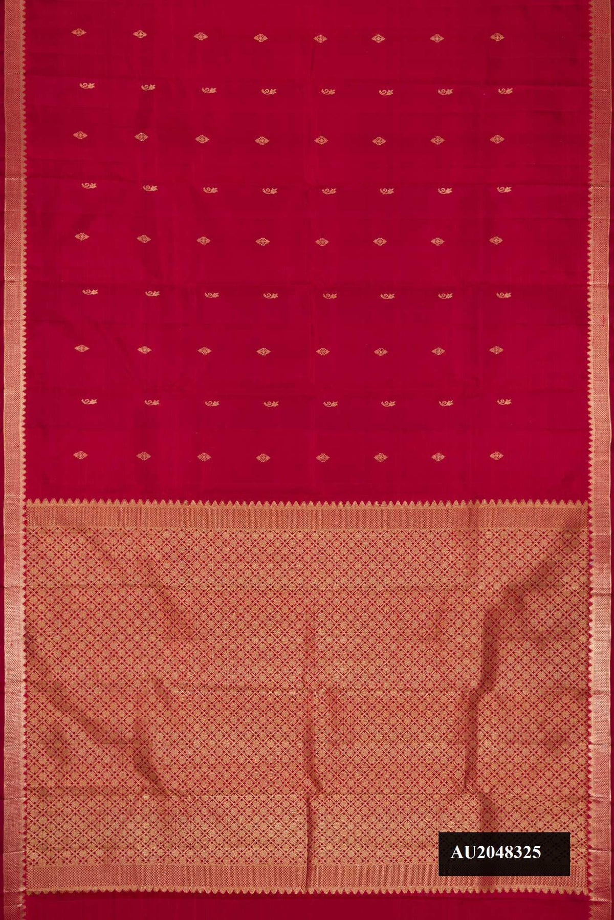 Red Dual Tone Kanchipuram Silk Saree with Zari Butta on the body and Zari Border.  displayed on a mannequin