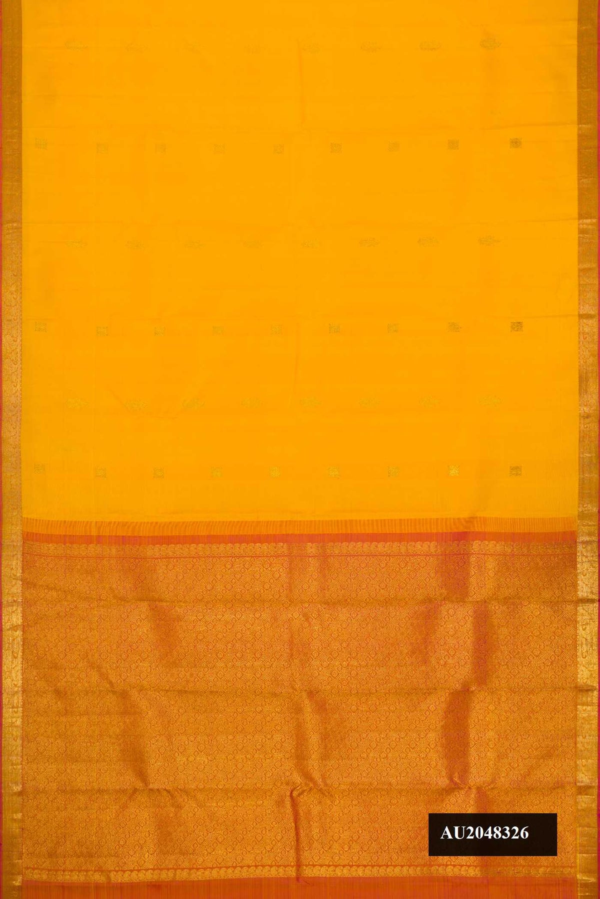 Yellow Dual Tone Kanchipuram Silk Saree with Zari Butta on the body and Zari Border.  displayed on a mannequin