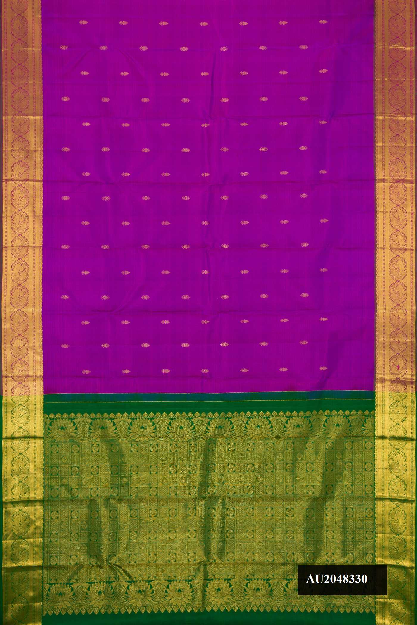 Purple Dual Tone Kanchipuram Silk Saree with Zari Butta on the body and Zari Border.  displayed on a mannequin