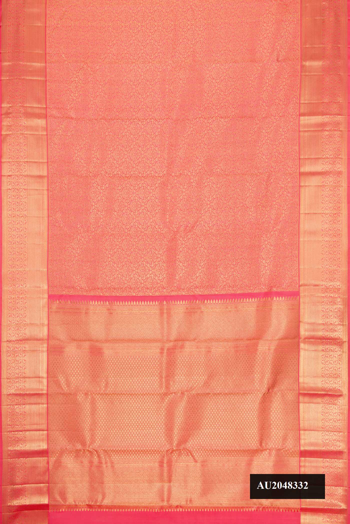 Pink Dual Tone Kanchipuram Silk Saree with Zari Brocade on the body and Zari Border.  displayed on a mannequin