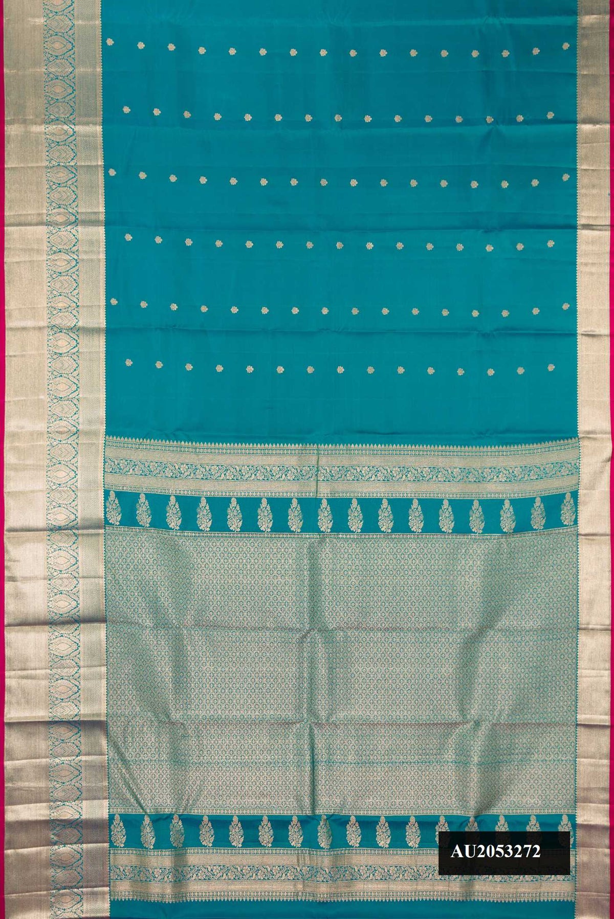 Sky Blue Dual Tone Kanchipuram Silk Saree with Zari Butta on the body and Zari Border.  displayed on a mannequin