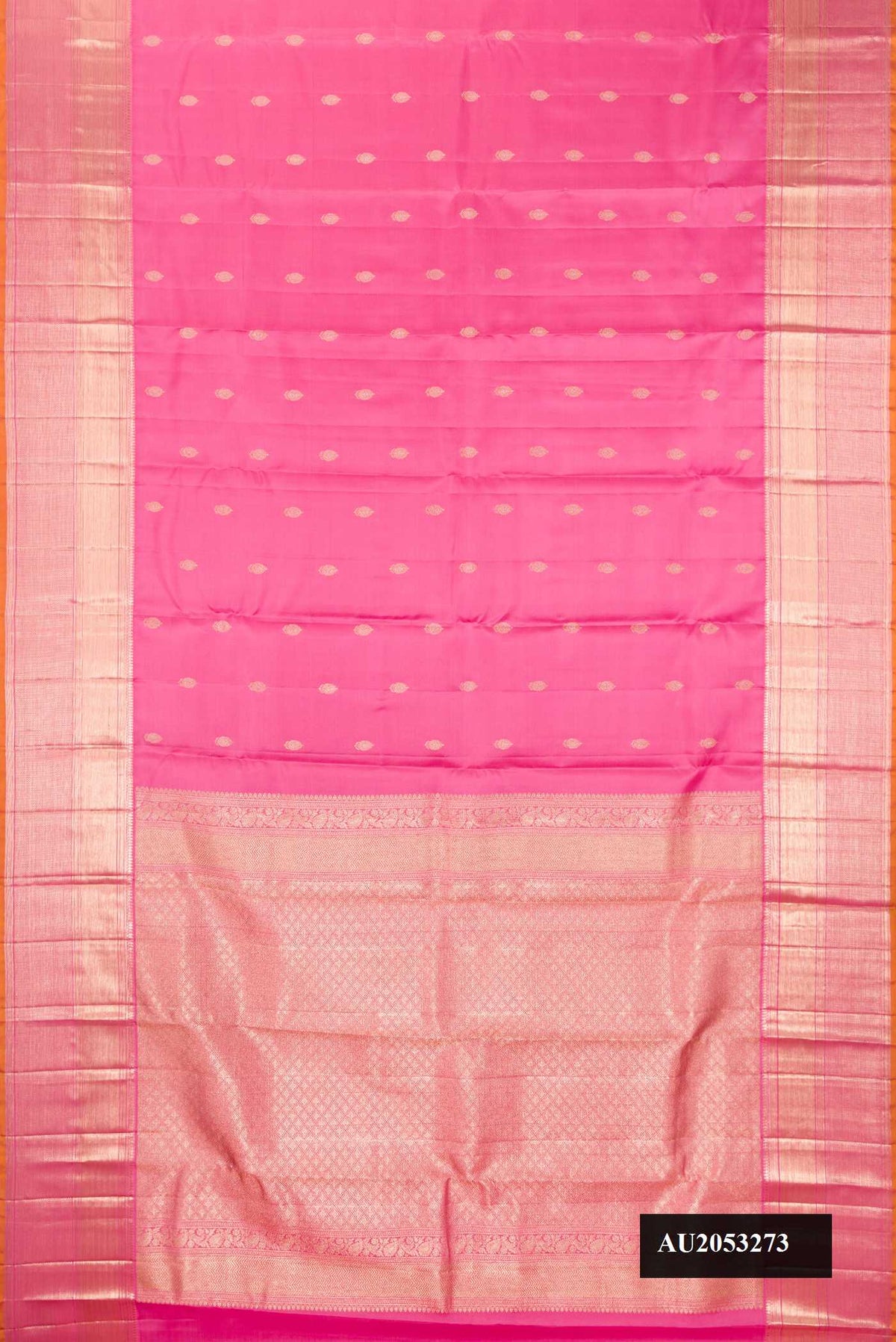Pink Dual Tone Kanchipuram Silk Saree with Zari Butta on the body and Zari Border.  displayed on a mannequin