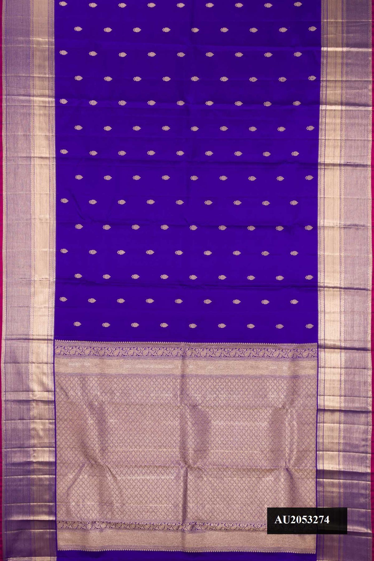 Royal Blue Dual Tone Kanchipuram Silk Saree with Zari Butta on the body and Zari Border.  displayed on a mannequin