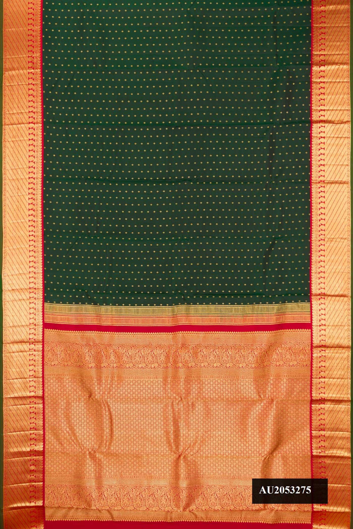 Bottle Green Dual Tone Kanchipuram Silk Saree with Zari Butta on the body and Zari Border.  displayed on a mannequin