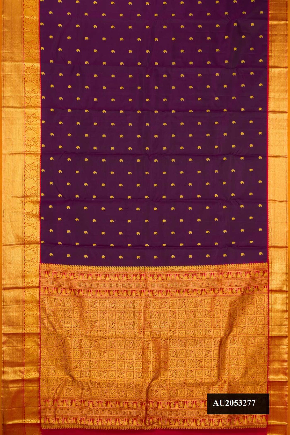 Burgundy Dual Tone Kanchipuram Silk Saree with Zari Butta on the body and Zari Border.  displayed on a mannequin
