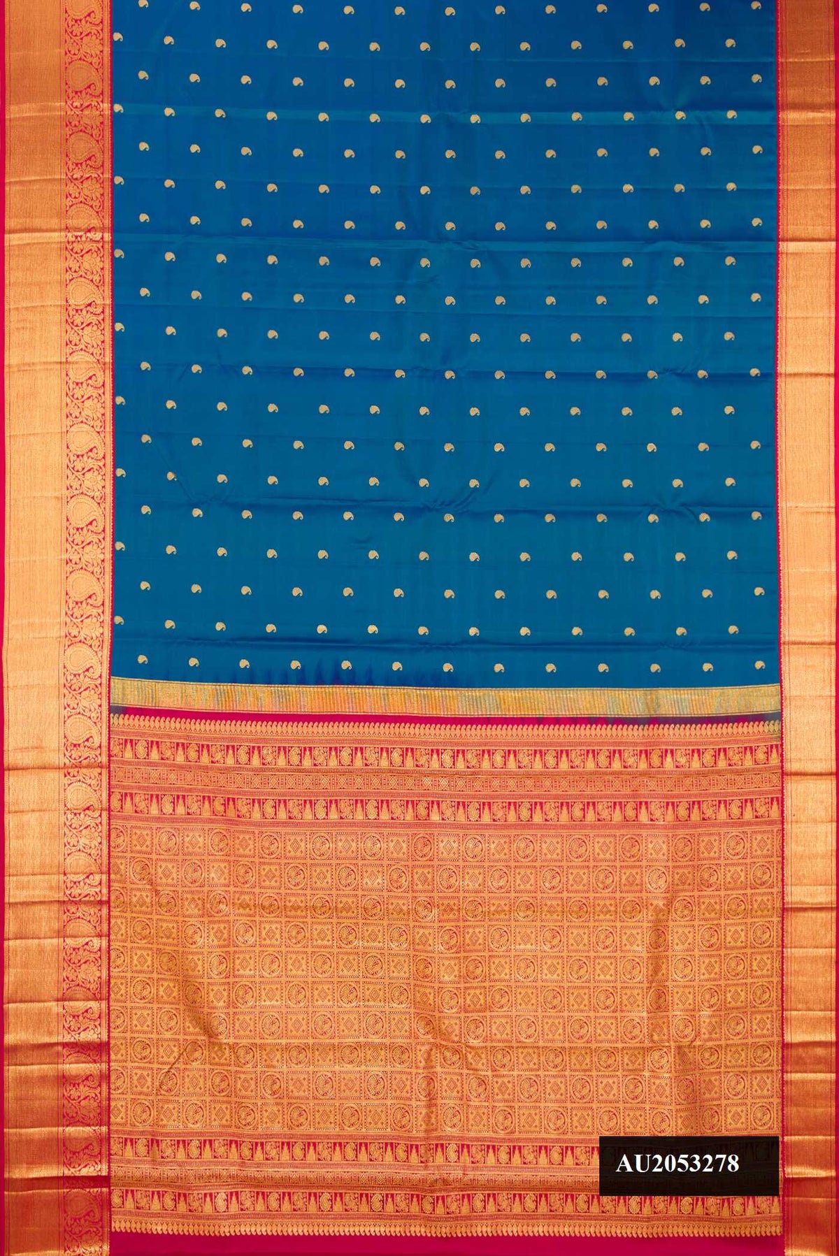 Peacock Blue Dual Tone Kanchipuram Silk Saree with Zari Butta on the body and Zari Border.  displayed on a mannequin