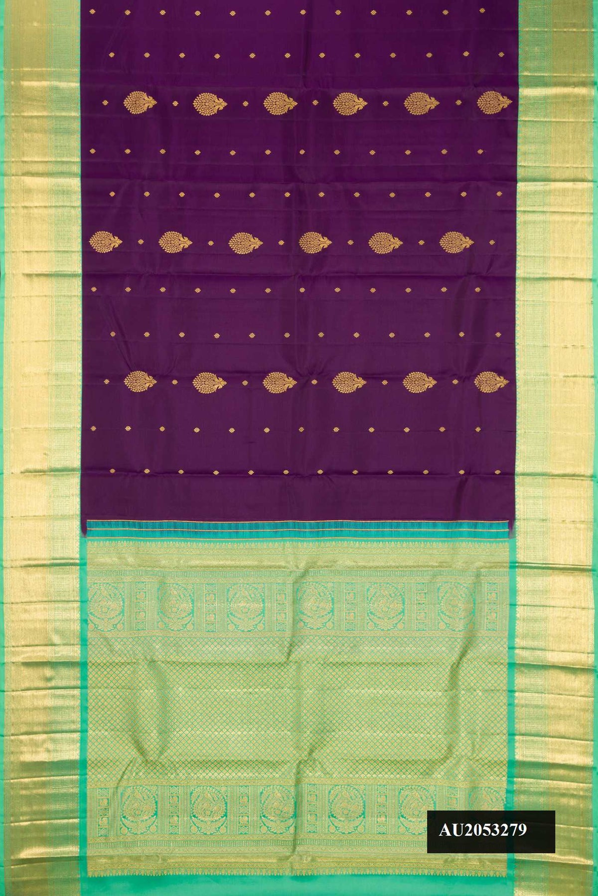 Violet Dual Tone Kanchipuram Silk Saree with Zari Butta on the body and Zari Border.  displayed on a mannequin