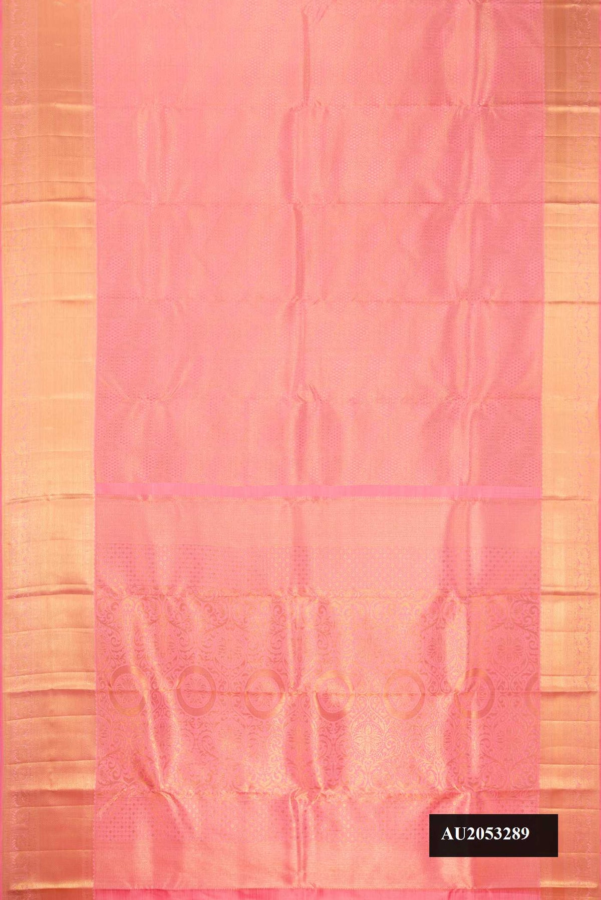 Pink Dual Tone Kanchipuram Silk Saree with Zari Brocade on the body and Zari Border.  displayed on a mannequin