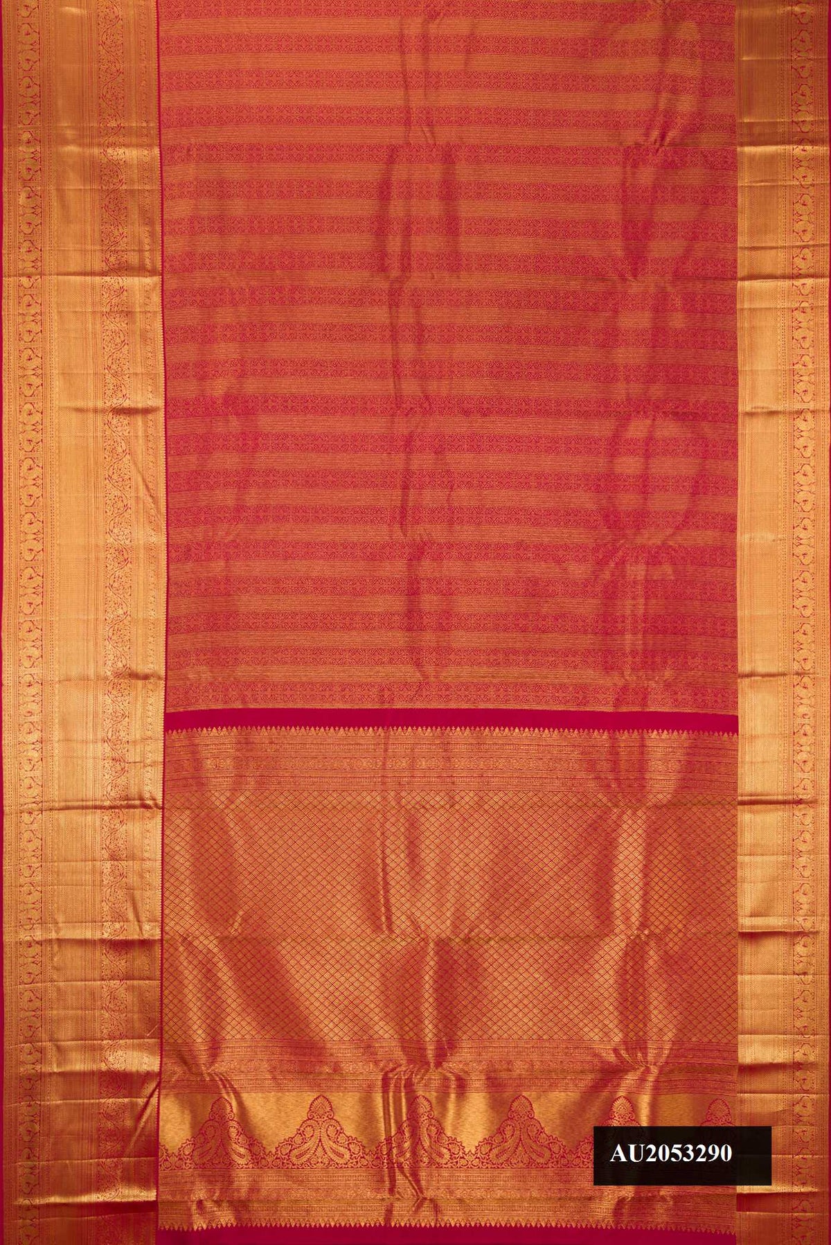 Dark Pink Dual Tone Kanchipuram Silk Saree with Zari Brocade on the body and Zari Border.  displayed on a mannequin