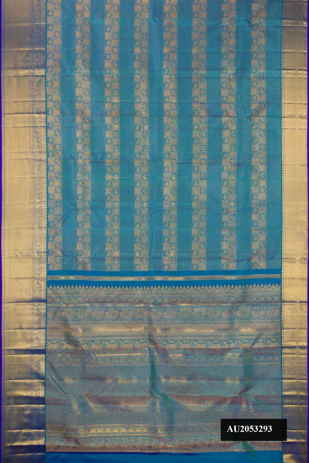Peacock Blue Dual Tone Kanchipuram Silk Saree with Zari Brocade on the body and Zari Border.  displayed on a mannequin