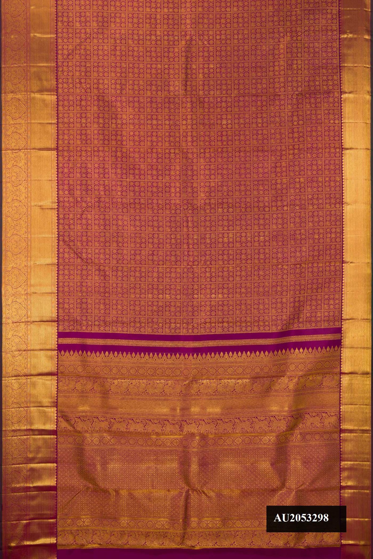 Purple Dual Tone Kanchipuram Silk Saree with Zari Brocade on the body and Zari Border.  displayed on a mannequin