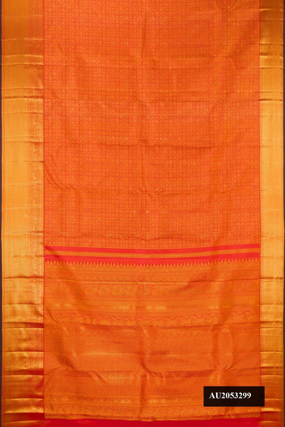 Coral Dual Tone Kanchipuram Silk Saree with Zari Brocade on the body and Zari Border.  displayed on a mannequin