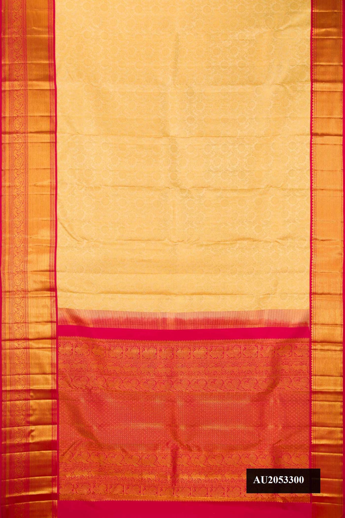 Sandal Dual Tone Kanchipuram Silk Saree with Zari Brocade on the body and Zari Border.  displayed on a mannequin