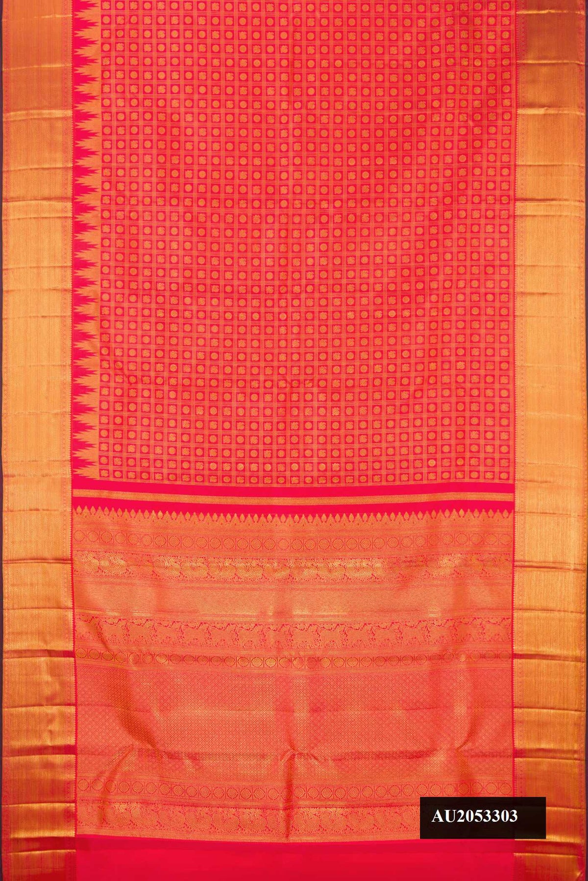 Pink Dual Tone Kanchipuram Silk Saree with Zari Brocade on the body and Zari Border.  displayed on a mannequin