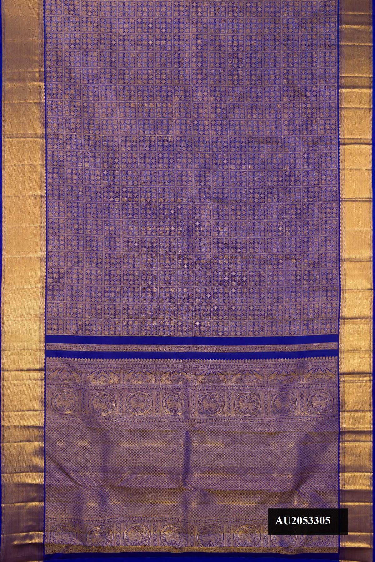 Royal Blue Dual Tone Kanchipuram Silk Saree with Zari Brocade on the body and Zari Border.  displayed on a mannequin