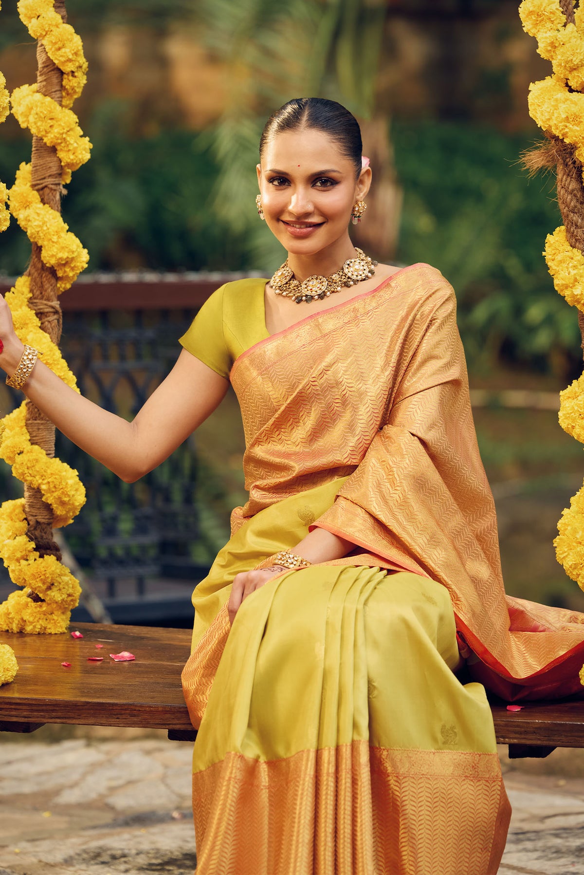 Shreeja-Pure Silk Yellow-Green Kanchipuram Saree