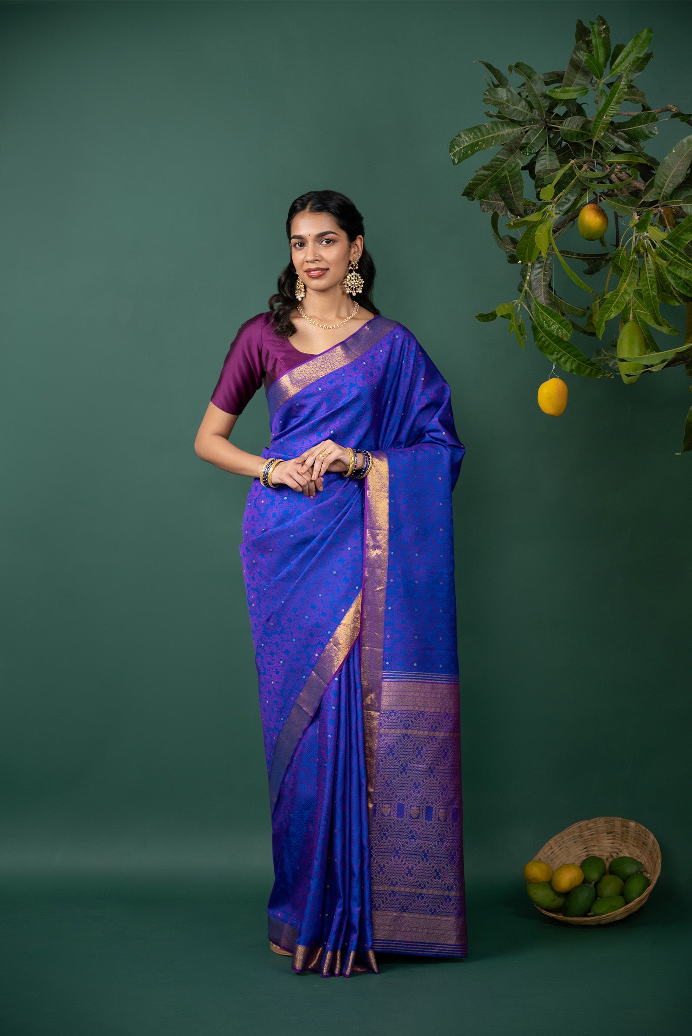 Blue Kanchipuram Silk Saree with Jacquard With Zari Butta on the body and Zari Border displayed on a mannequin