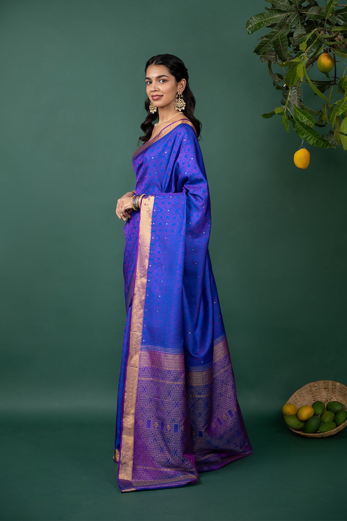 Flat view of Blue Kanchipuram Silk Saree with Jacquard With Zari Butta on the body and Zari Border
