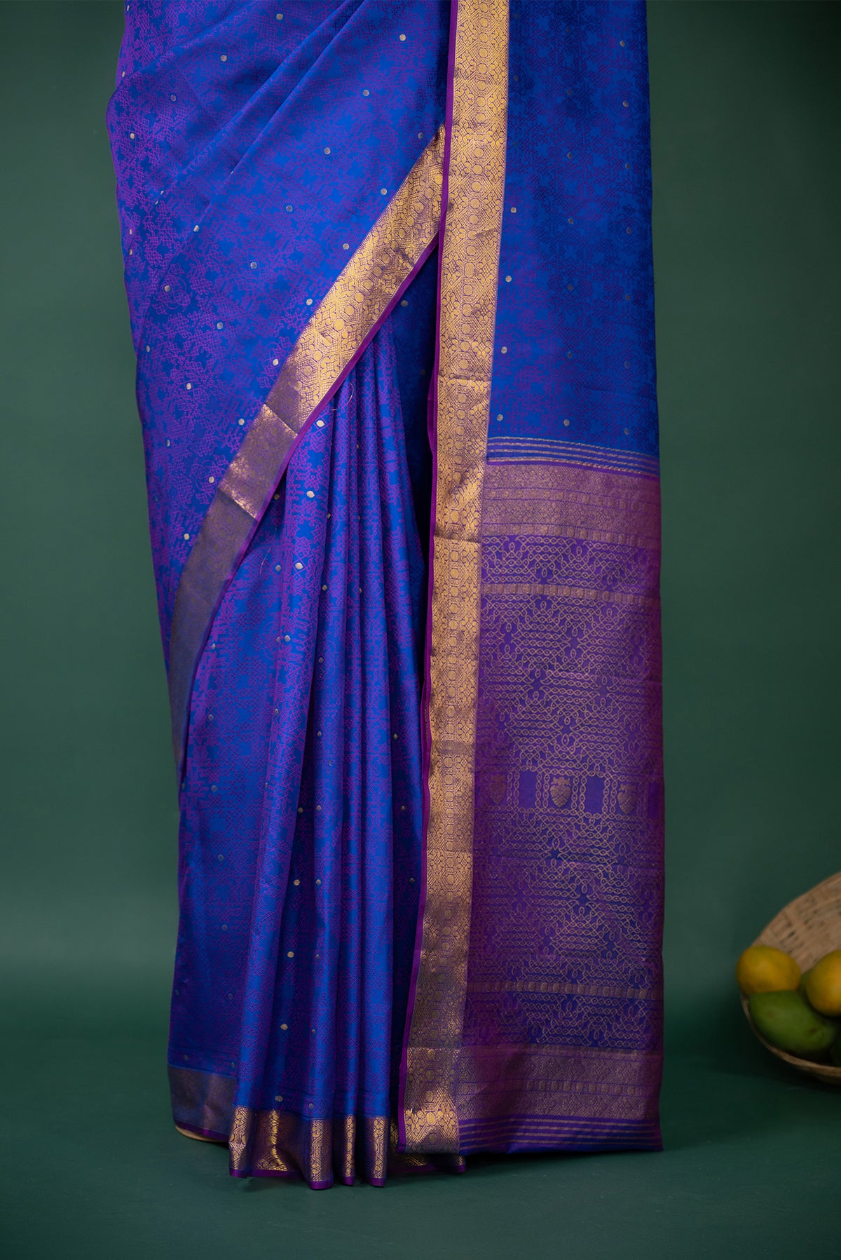 Pleats and pallu of Blue Kanchipuram Silk Saree with Jacquard With Zari Butta on the body and Zari Border