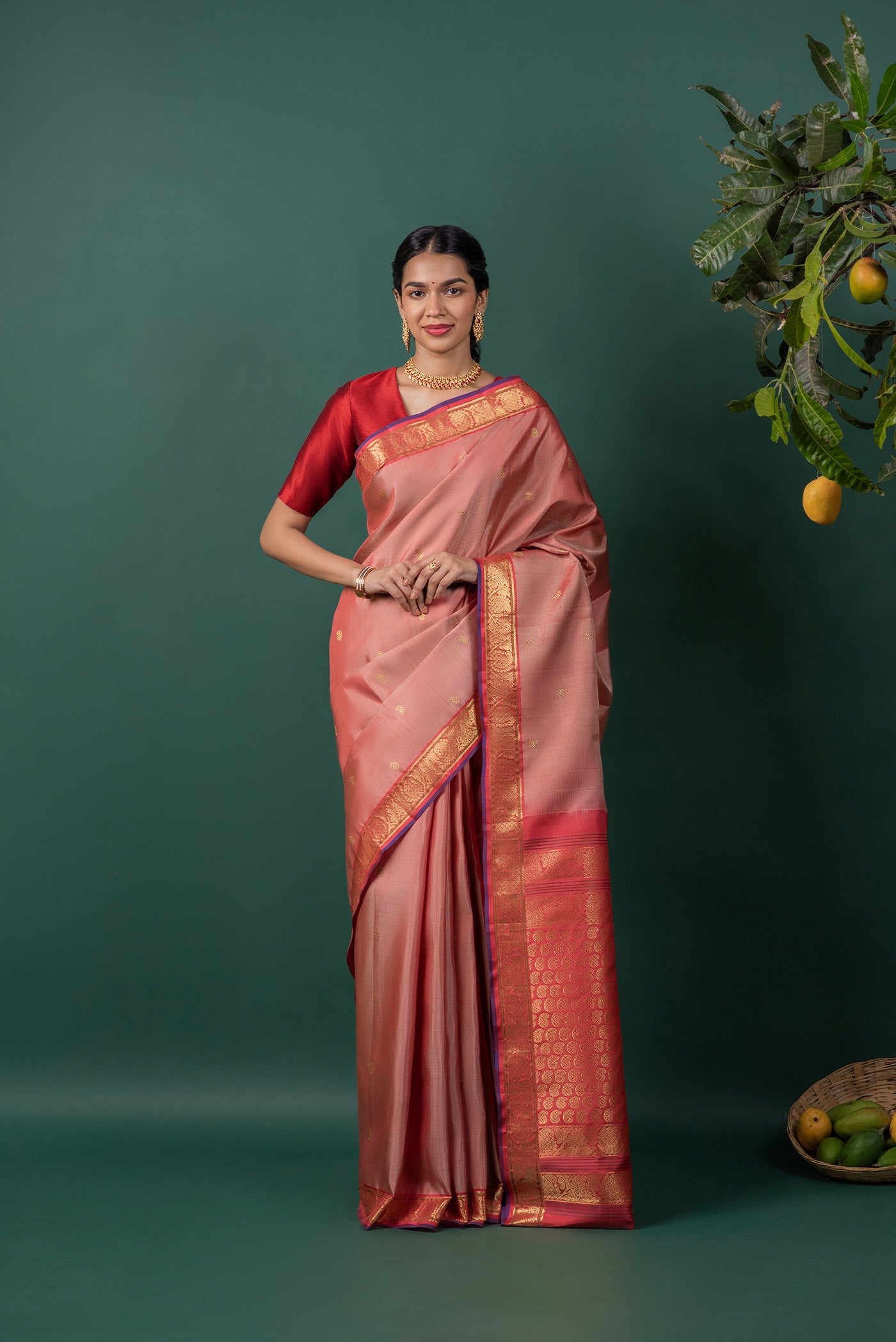 Mauve Kanchipuram Silk Saree with Zari Butta on the body and Zari Border displayed on a mannequin