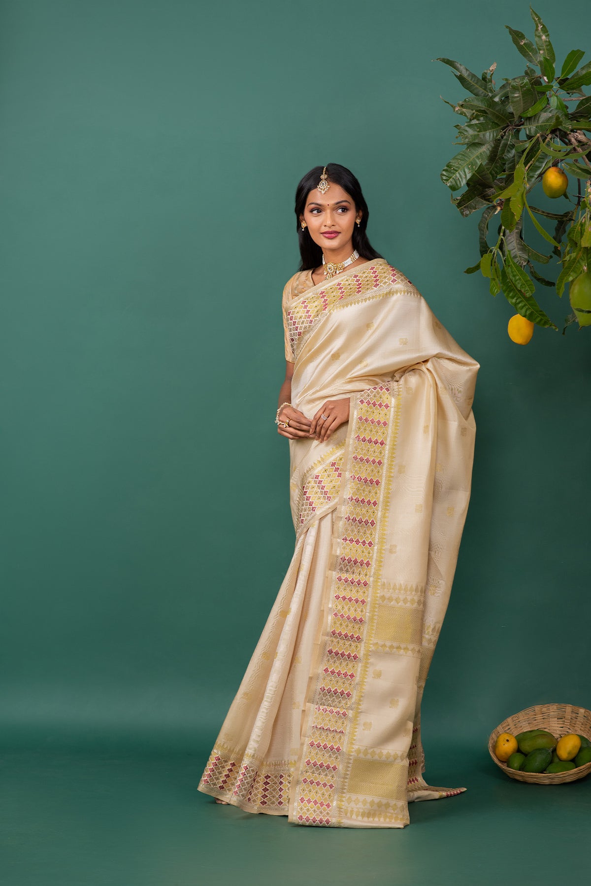 Flat view of Beige Kanchipuram Silk Saree with Zari Butta on the body and Zari And Thread Border