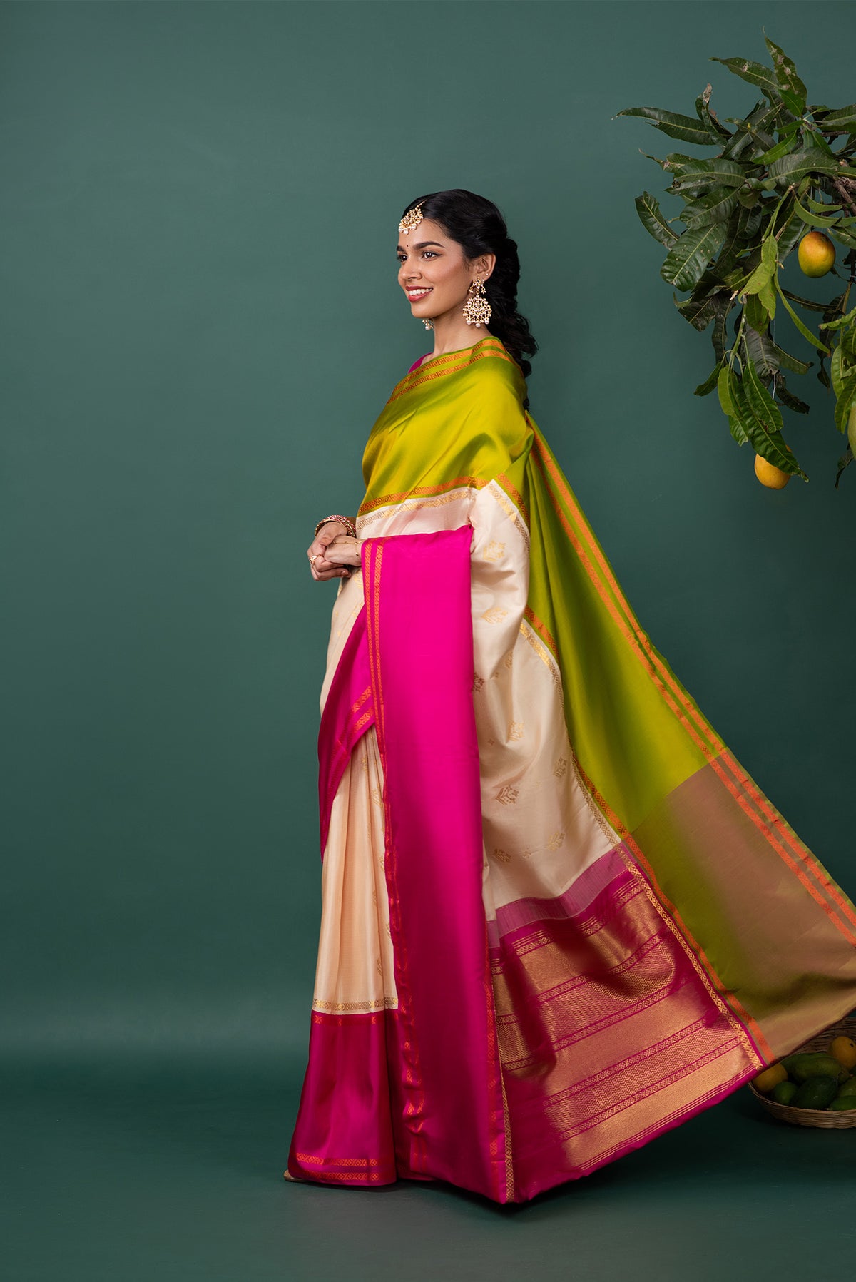 Flat view of Multi Color Kanchipuram Silk Saree with Zari Butta on the body and Thread Border