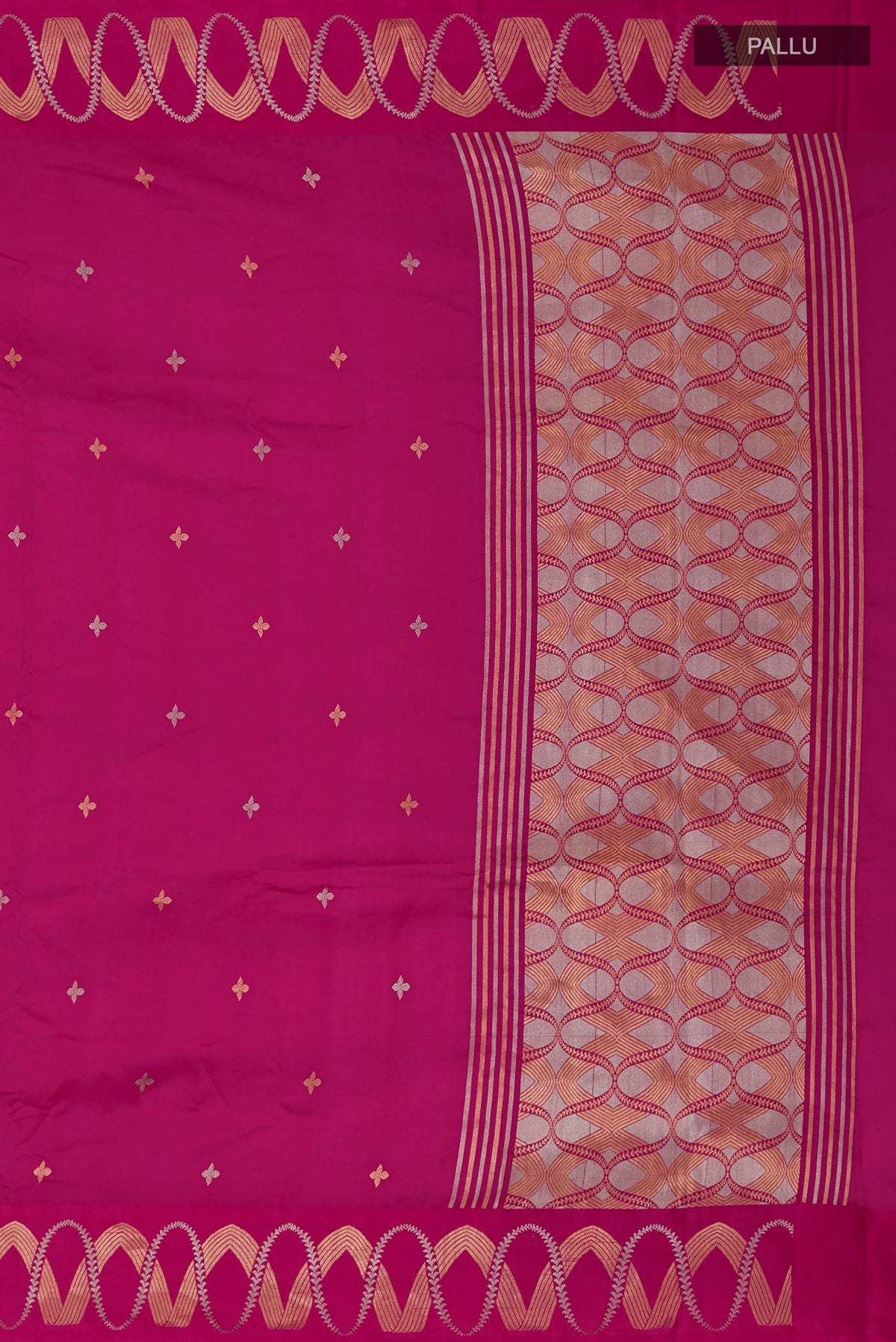 Close up image of the pallu of Pink Banarasi Katan Silk Saree with Zari Butta on the body and Zari Border