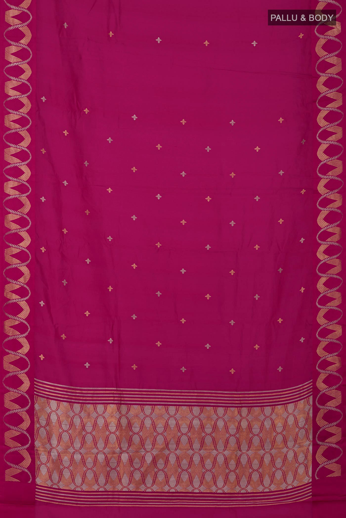 Flat view of Pink Banarasi Katan Silk Saree with Zari Butta on the body and Zari Border